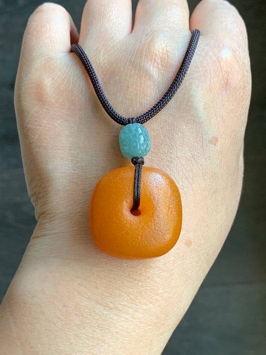 Natural Beewax Amber Large Square Donut Natural Guatemalan Light Dusty Blue Engraved Barrel Bead Necklace Sterling Silver