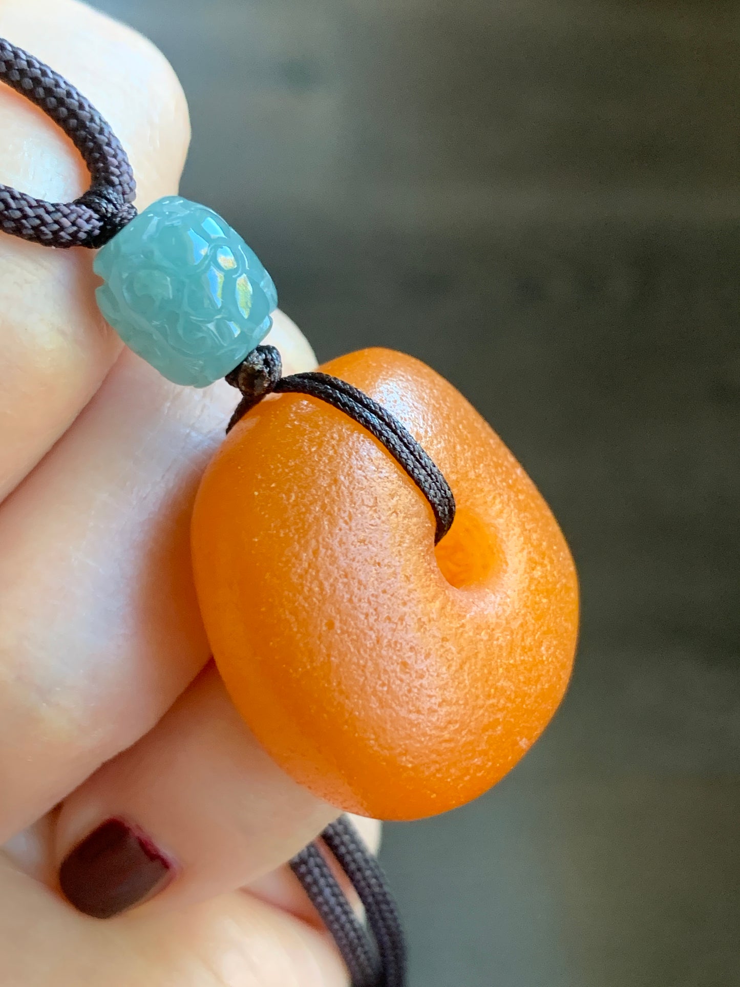 Natural Beewax Amber Large Square Donut Natural Guatemalan Light Dusty Blue Engraved Barrel Bead Necklace Sterling Silver