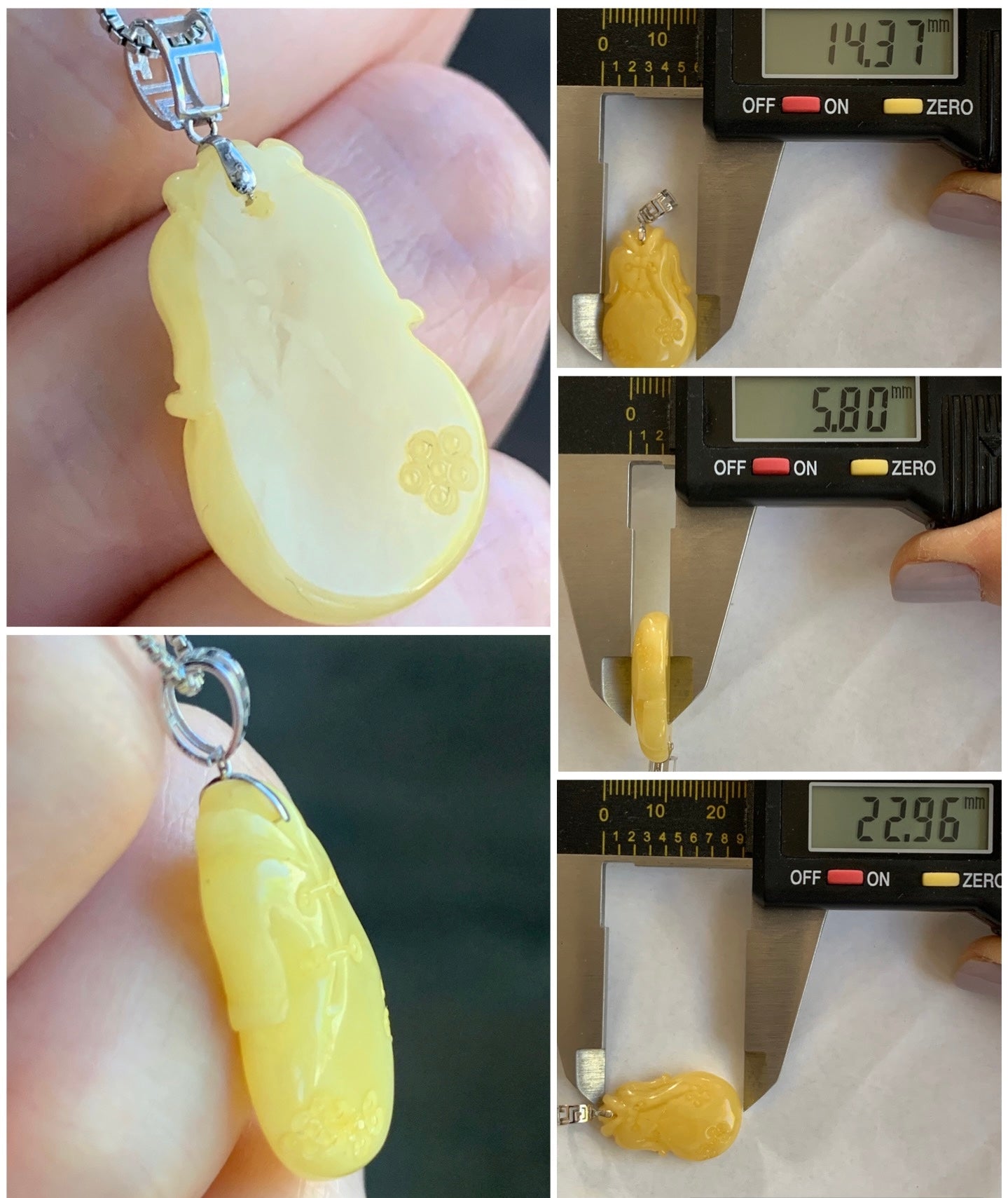 Natural Beewax Amber Light Yellow Carved Qi Pao Chinese Traditional Dress Pendant 18K White Gold