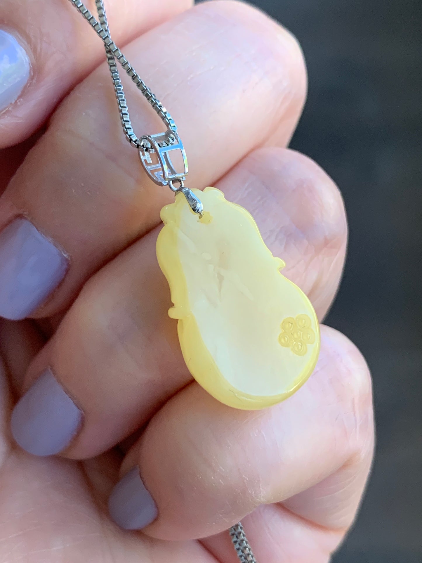 Natural Beewax Amber Light Yellow Carved Qi Pao Chinese Traditional Dress Pendant 18K White Gold