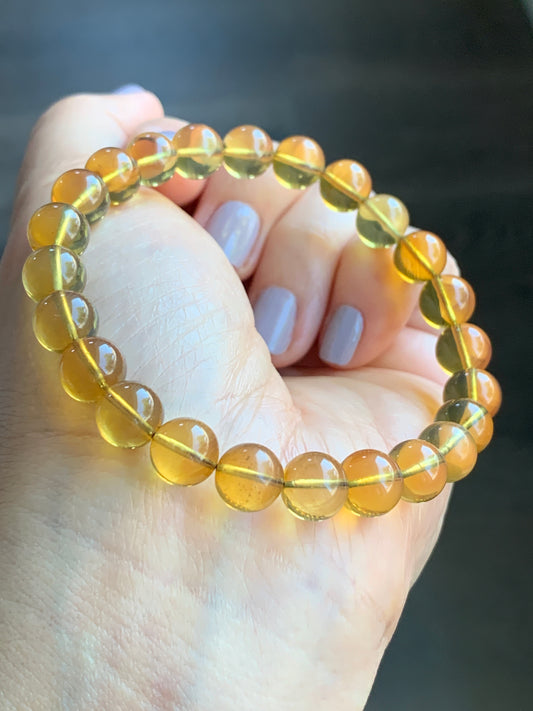 Natural Burmese Blue Amber Round Beads Beaded Bracelet Stretchy 8.5mm 7.75” 8g 天然缅甸蓝珀圆珠手串