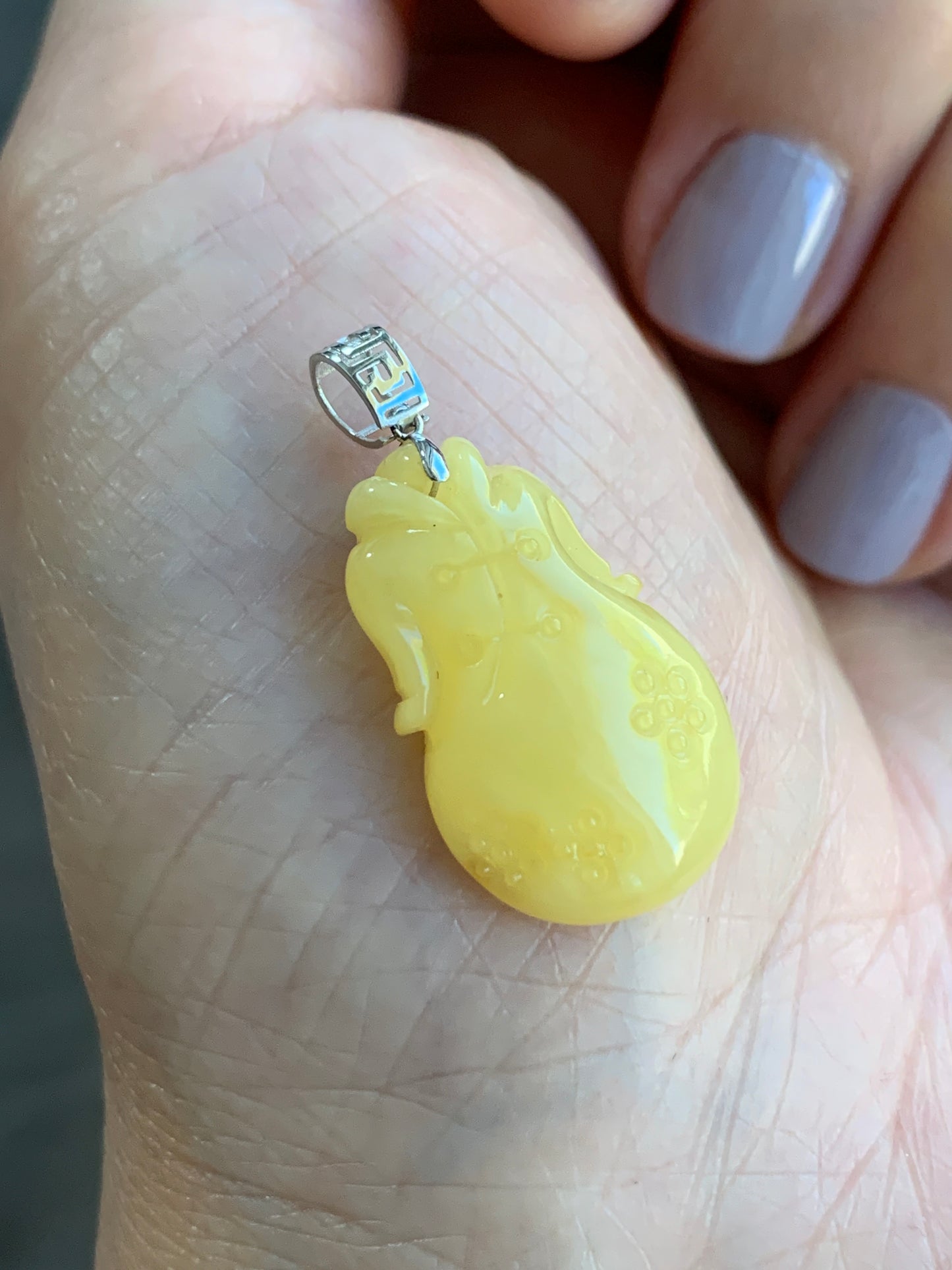 Natural Beewax Amber Light Yellow Carved Qi Pao Chinese Traditional Dress Pendant 18K White Gold