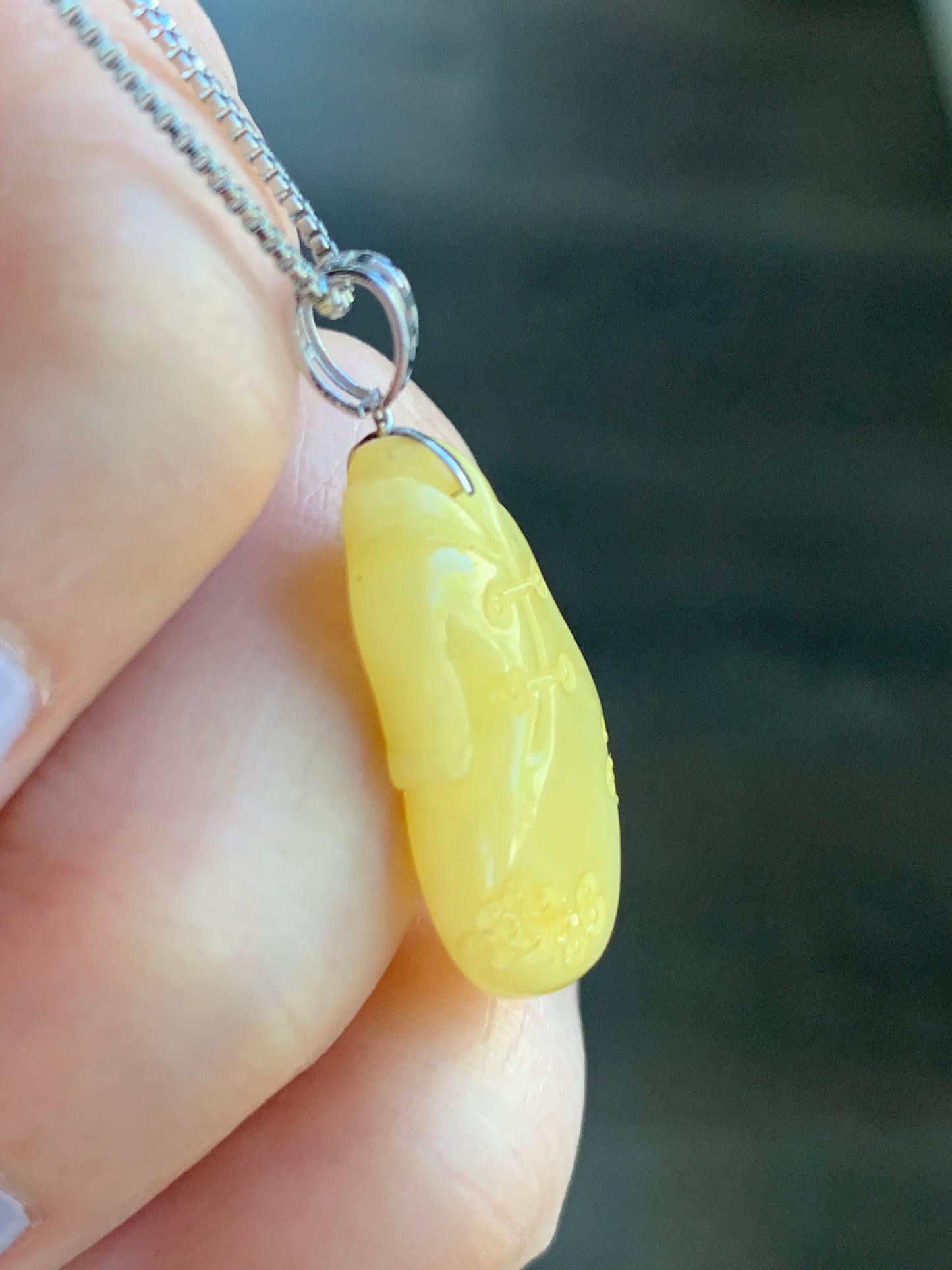 Natural Beewax Amber Light Yellow Carved Qi Pao Chinese Traditional Dress Pendant 18K White Gold