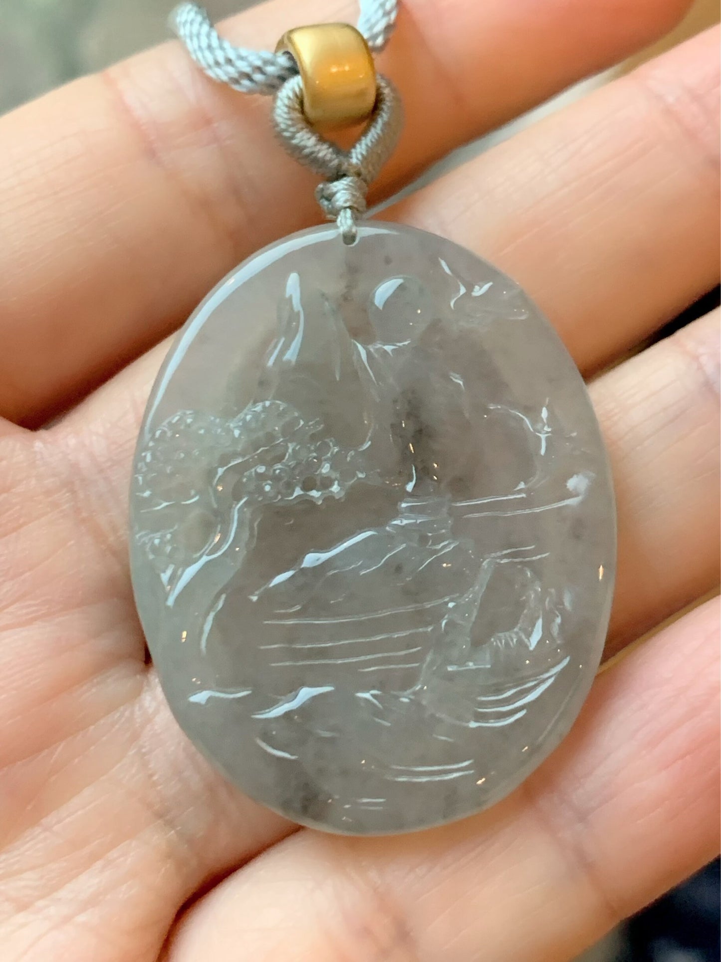 Natural Burmese Icy Translucent Jadeite Wuji Marbled Carved Shan Shui Pai Landscape Pendant Rope Necklace 天然缅甸冰乌鸡翡翠山水牌挂件