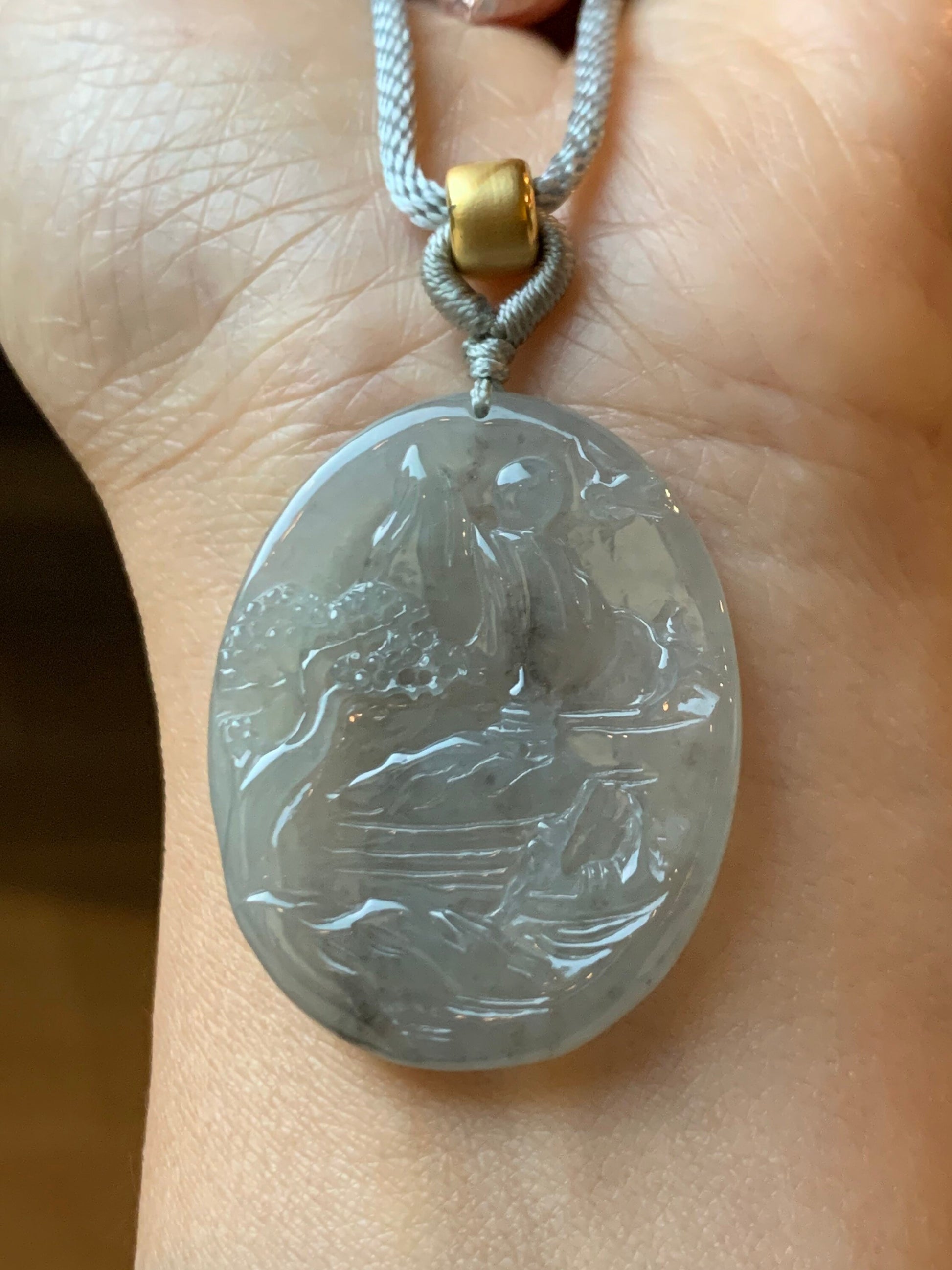 Natural Burmese Icy Translucent Jadeite Wuji Marbled Carved Shan Shui Pai Landscape Pendant Rope Necklace 天然缅甸冰乌鸡翡翠山水牌挂件