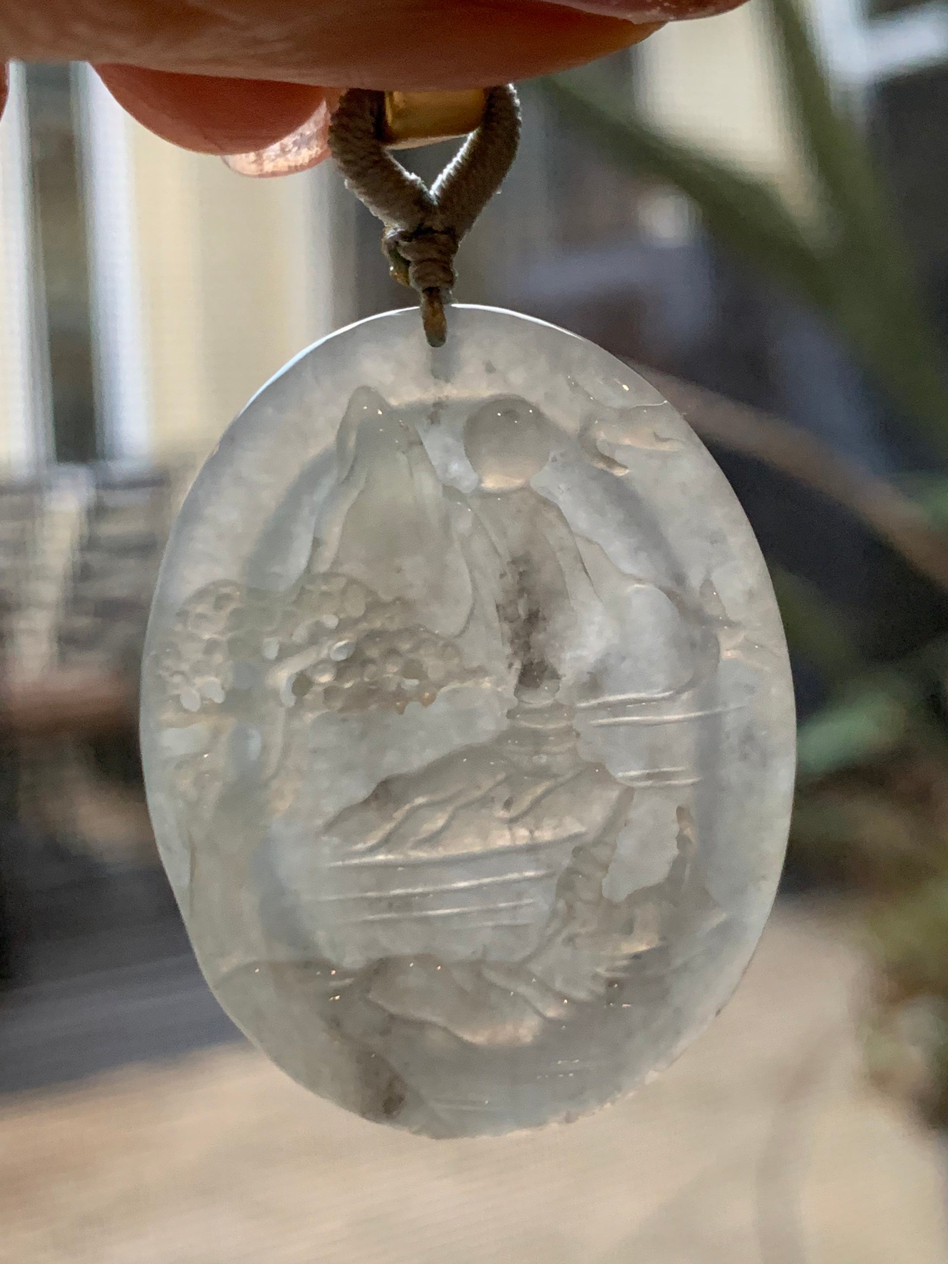 Natural Burmese Icy Translucent Jadeite Wuji Marbled Carved Shan Shui Pai Landscape Pendant Rope Necklace 天然缅甸冰乌鸡翡翠山水牌挂件