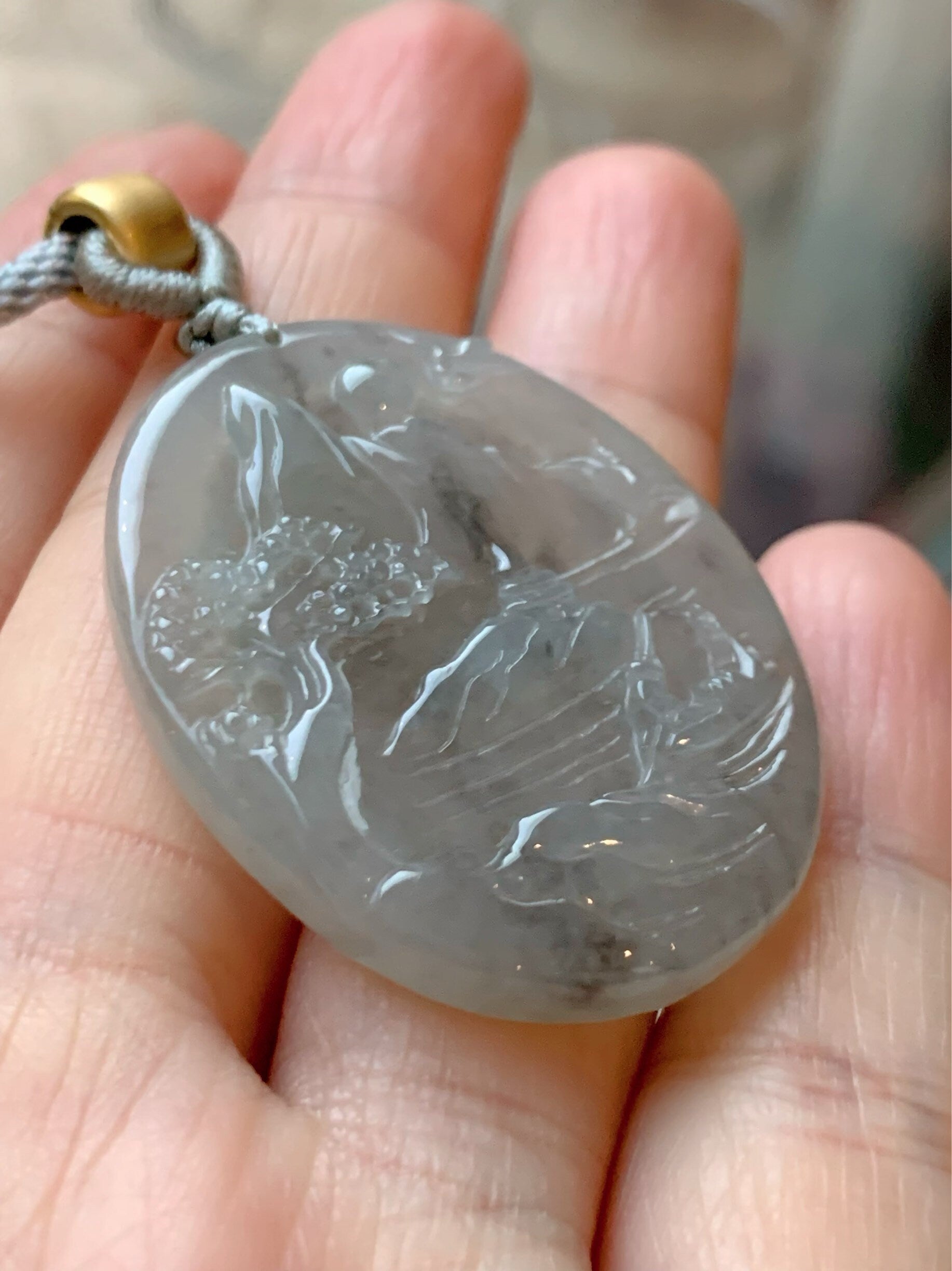 Natural Burmese Icy Translucent Jadeite Wuji Marbled Carved Shan Shui Pai Landscape Pendant Rope Necklace 天然缅甸冰乌鸡翡翠山水牌挂件