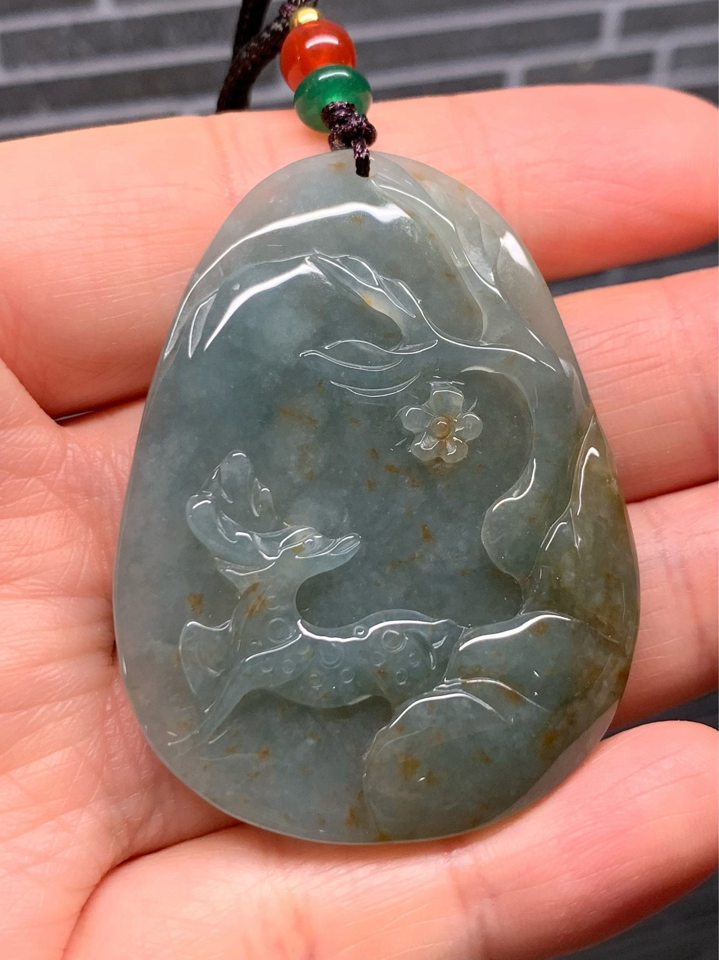 Beautiful Natural Burmese Icy Translucent Dark Teal Green Jadeite with Golden Marbling Deer Pendant Carved Deer Tag Necklace 天然缅甸翡翠撒金鹿牌吊坠