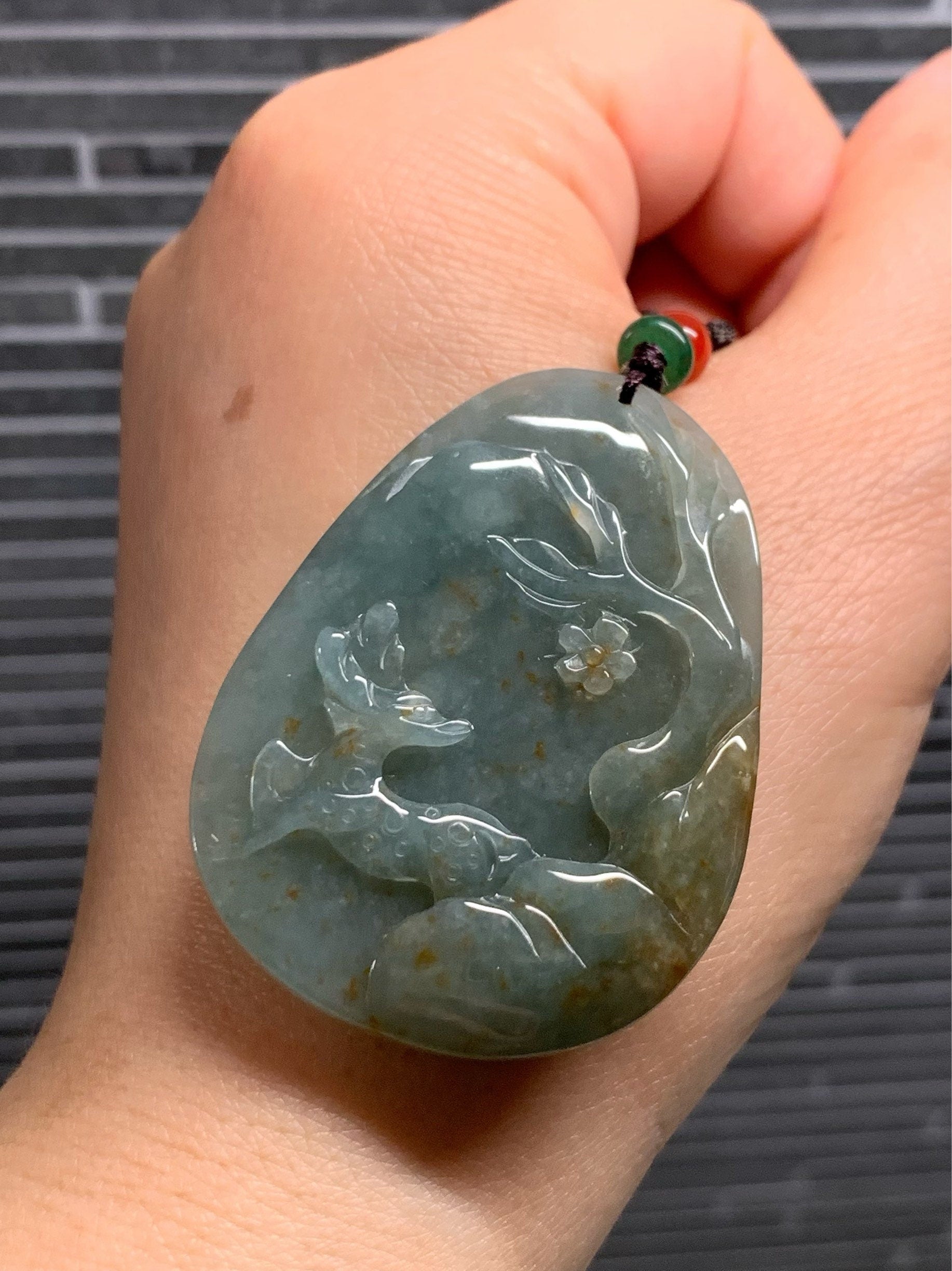 Beautiful Natural Burmese Icy Translucent Dark Teal Green Jadeite with Golden Marbling Deer Pendant Carved Deer Tag Necklace 天然缅甸翡翠撒金鹿牌吊坠