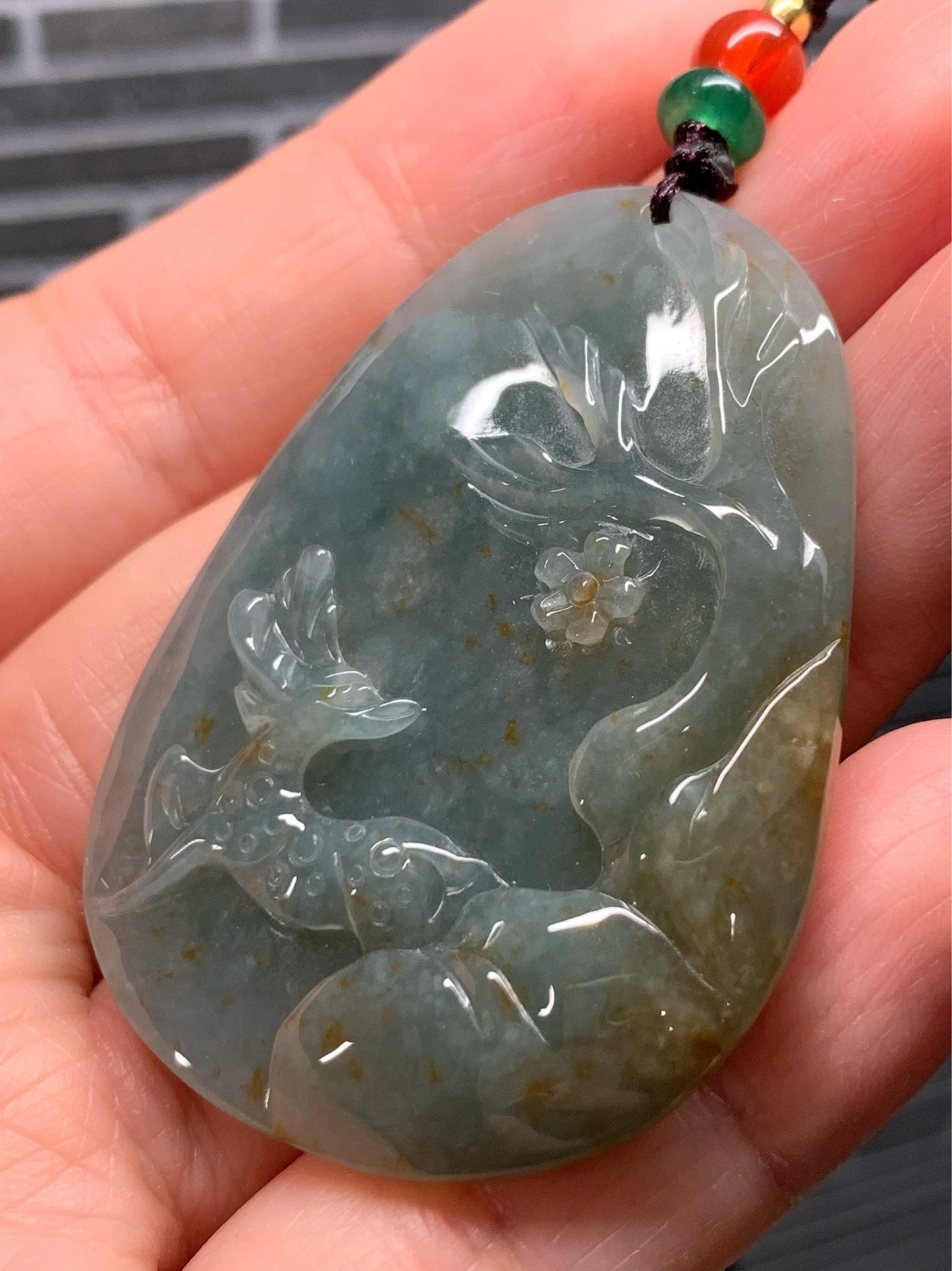 Beautiful Natural Burmese Icy Translucent Dark Teal Green Jadeite with Golden Marbling Deer Pendant Carved Deer Tag Necklace 天然缅甸翡翠撒金鹿牌吊坠