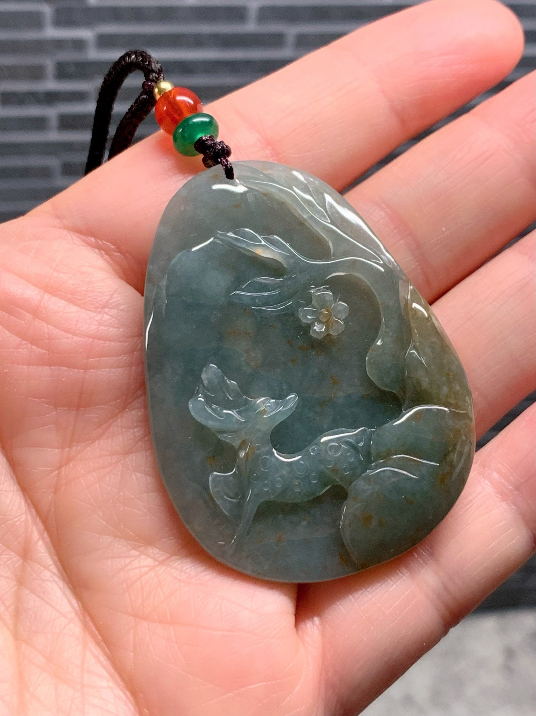 Beautiful Natural Burmese Icy Translucent Dark Teal Green Jadeite with Golden Marbling Deer Pendant Carved Deer Tag Necklace 天然缅甸翡翠撒金鹿牌吊坠