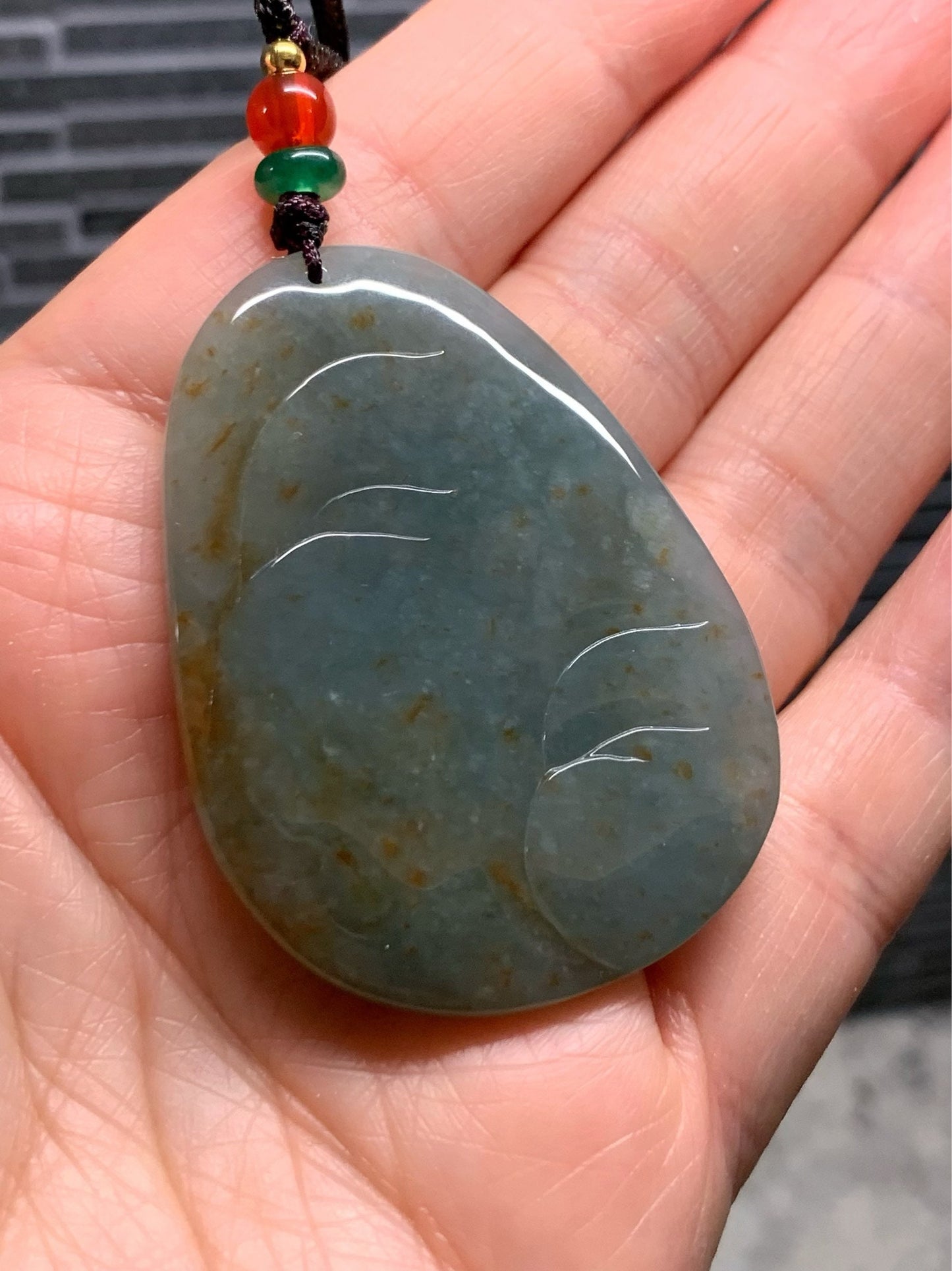 Beautiful Natural Burmese Icy Translucent Dark Teal Green Jadeite with Golden Marbling Deer Pendant Carved Deer Tag Necklace 天然缅甸翡翠撒金鹿牌吊坠