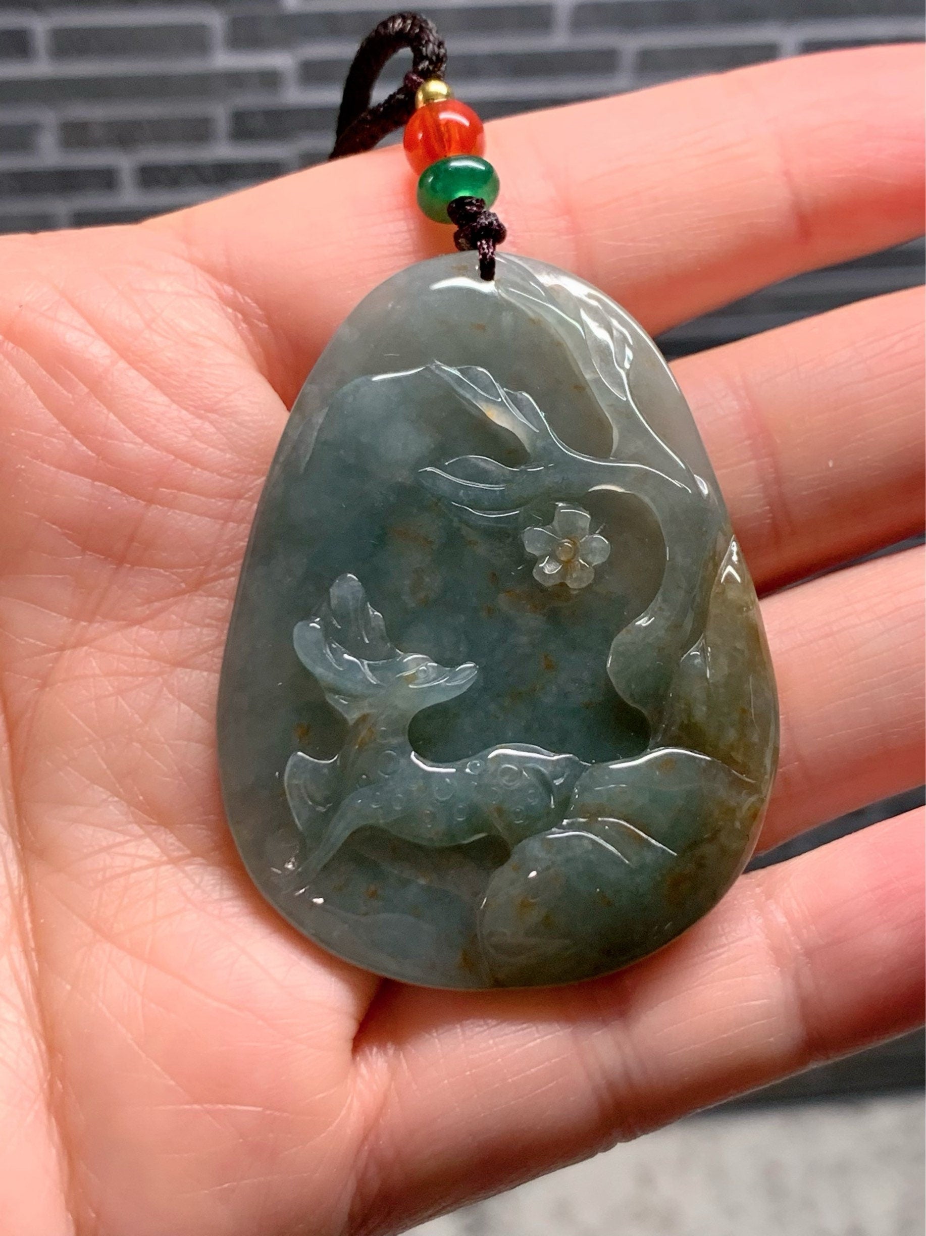 Beautiful Natural Burmese Icy Translucent Dark Teal Green Jadeite with Golden Marbling Deer Pendant Carved Deer Tag Necklace 天然缅甸翡翠撒金鹿牌吊坠