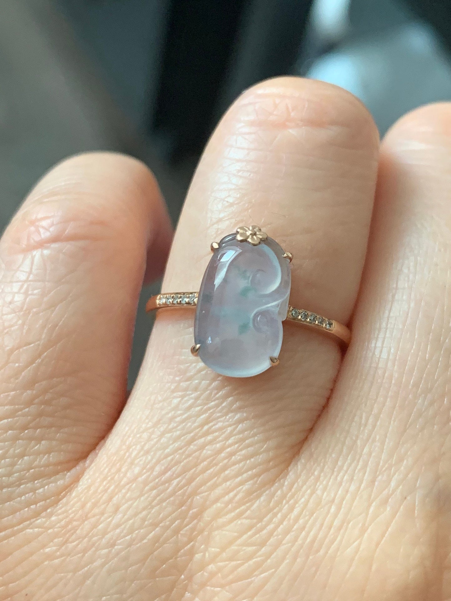 Certified Burmese Natural Garde A Premium Jadeite with Green Marbling Ruyi Ring Size 7 18K Rose Gold & Diamonds 天然缅甸翡翠正冰飘花如意钻石镶嵌戒指