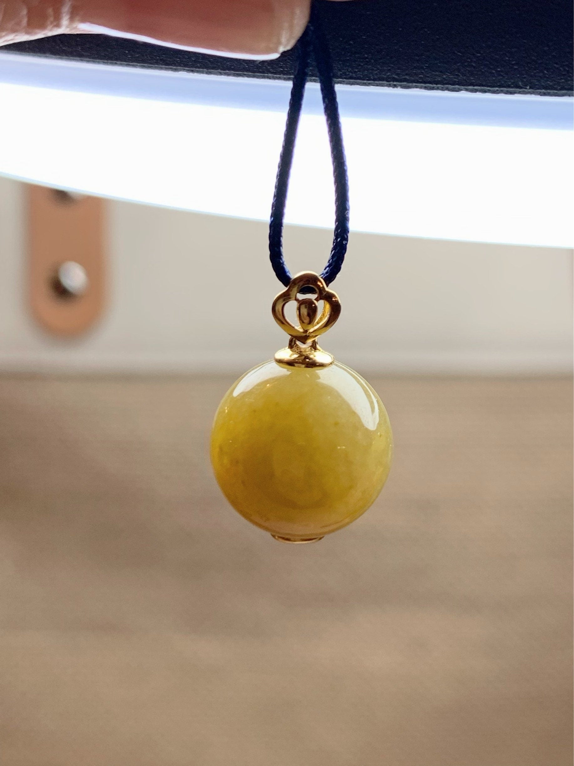 Certified Burmese Icy Vibrant Yellow Jadeite Sphere Single Bead Pendant 12.6mm 18K Yellow Gold Bail 天然缅甸翡翠浓黄翡大卡单珠镶嵌吊坠