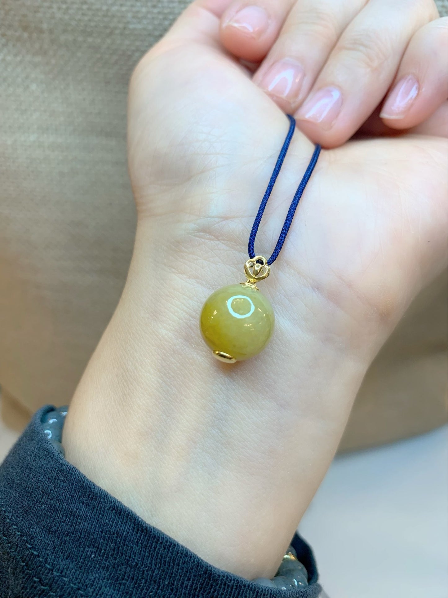 Certified Burmese Icy Vibrant Yellow Jadeite Sphere Single Bead Pendant 12.6mm 18K Yellow Gold Bail 天然缅甸翡翠浓黄翡大卡单珠镶嵌吊坠