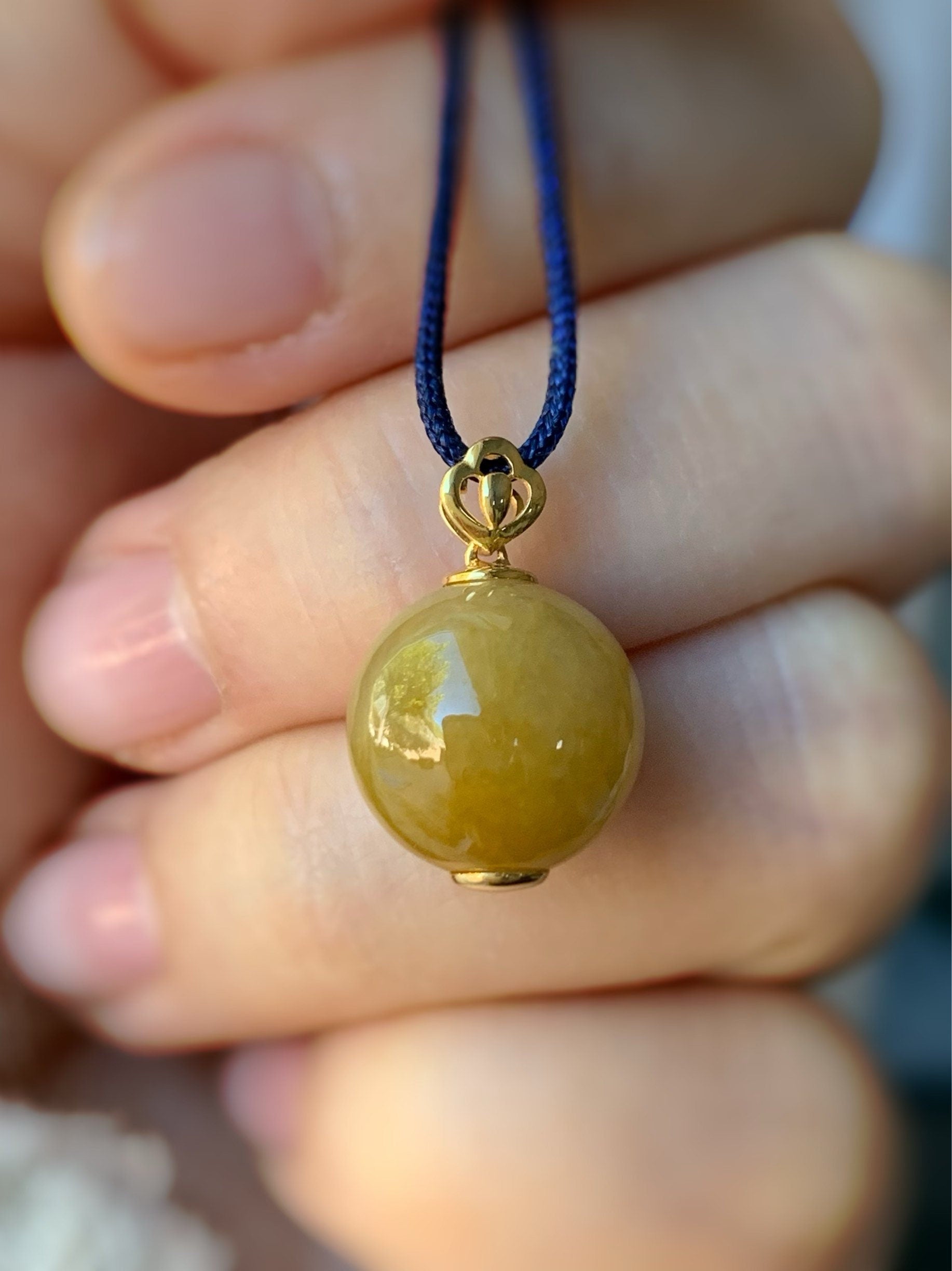 Certified Burmese Icy Vibrant Yellow Jadeite Sphere Single Bead Pendant 12.6mm 18K Yellow Gold Bail 天然缅甸翡翠浓黄翡大卡单珠镶嵌吊坠