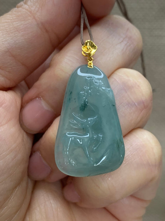 Certified Natural Burmese grade A Icy Translucent Green Jadeite Deer Engraved Pendant with 18K Yellow Gold Bail 天然缅甸翡翠正冰满绿飘花鹿牌镶嵌吊坠