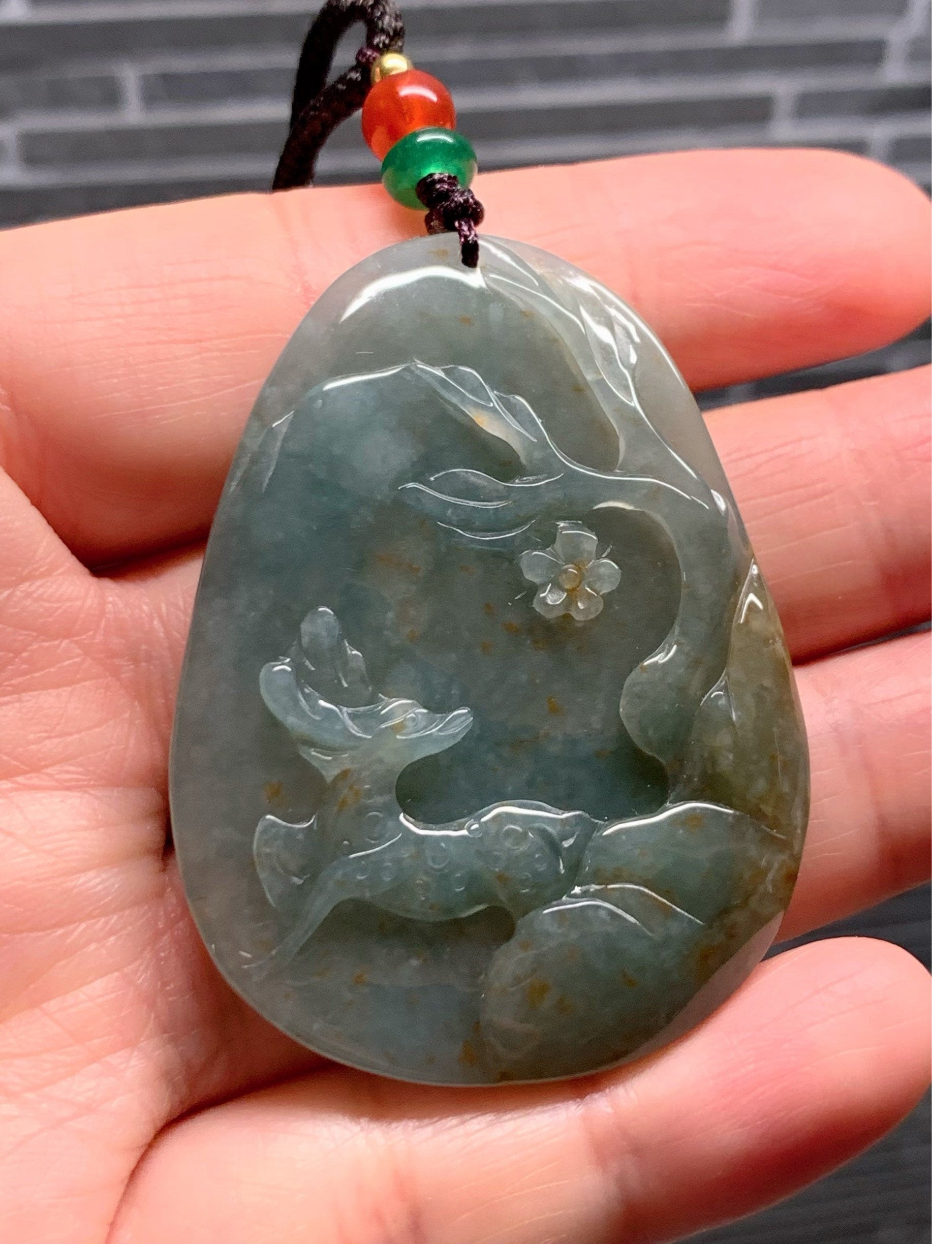 Beautiful Natural Burmese Icy Translucent Dark Teal Green Jadeite with Golden Marbling Deer Pendant Carved Deer Tag Necklace 天然缅甸翡翠撒金鹿牌吊坠