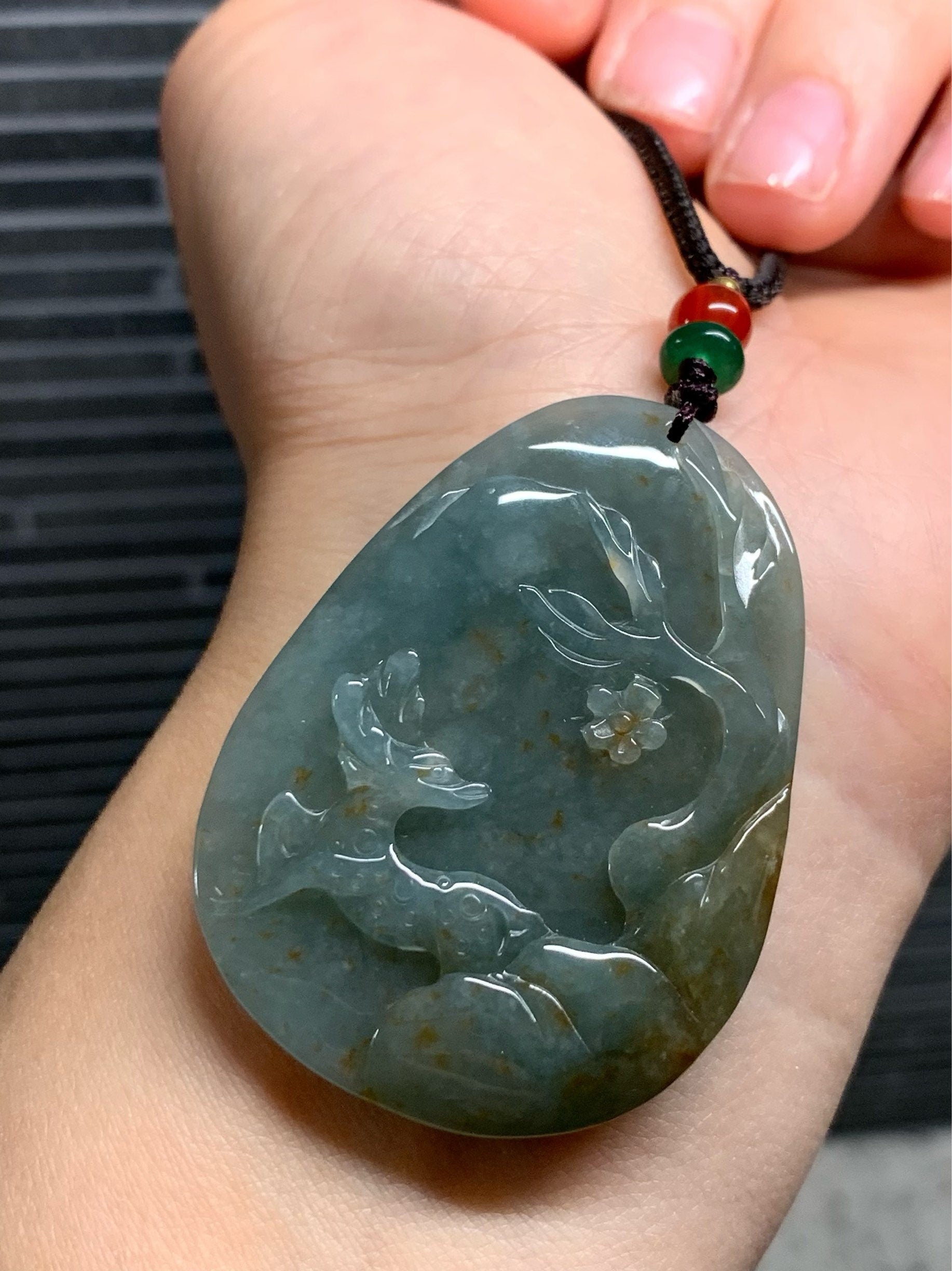 Beautiful Natural Burmese Icy Translucent Dark Teal Green Jadeite with Golden Marbling Deer Pendant Carved Deer Tag Necklace 天然缅甸翡翠撒金鹿牌吊坠