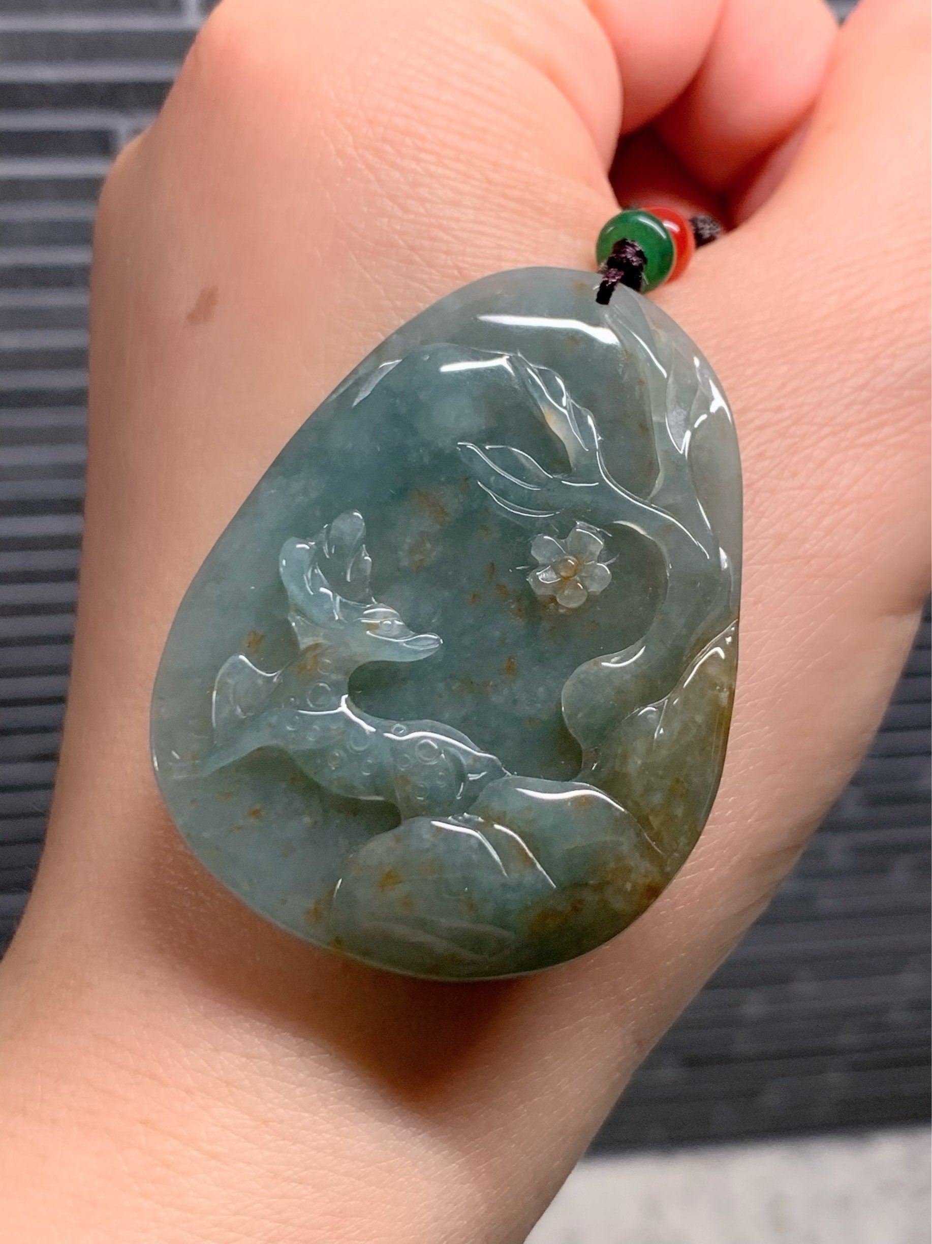 Beautiful Natural Burmese Icy Translucent Dark Teal Green Jadeite with Golden Marbling Deer Pendant Carved Deer Tag Necklace 天然缅甸翡翠撒金鹿牌吊坠