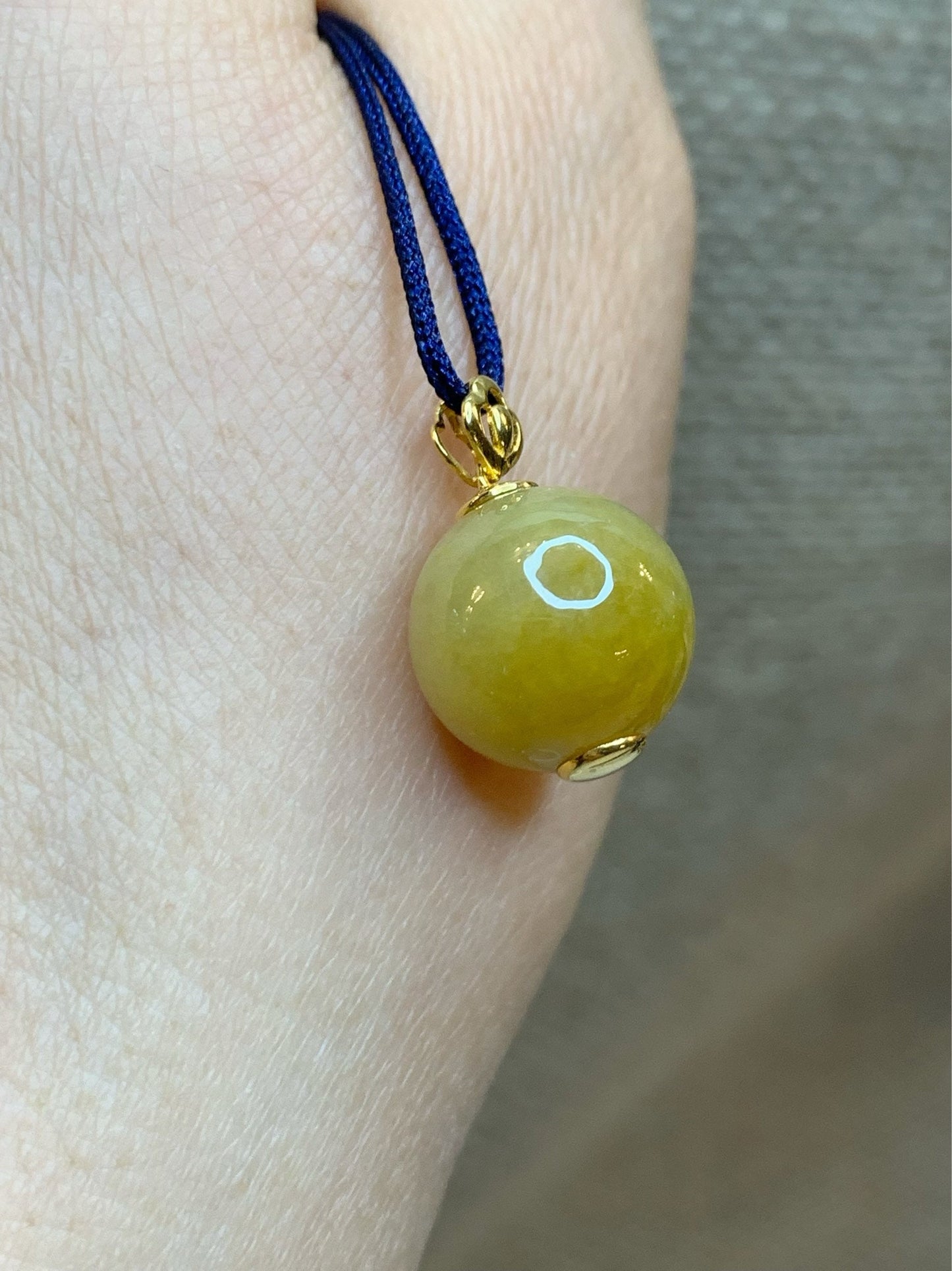 Certified Burmese Icy Vibrant Yellow Jadeite Sphere Single Bead Pendant 12.6mm 18K Yellow Gold Bail 天然缅甸翡翠浓黄翡大卡单珠镶嵌吊坠