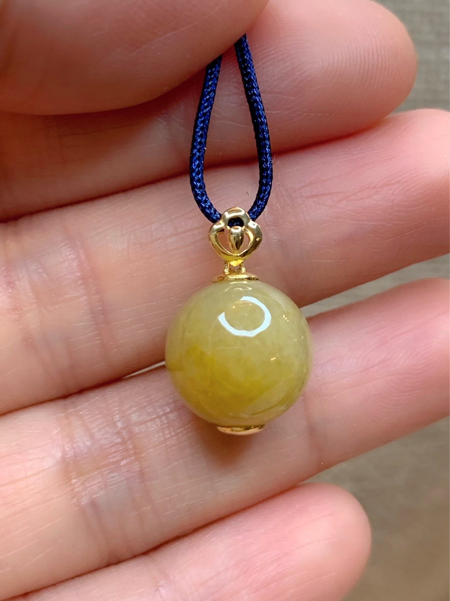 Certified Burmese Icy Vibrant Yellow Jadeite Sphere Single Bead Pendant 12.6mm 18K Yellow Gold Bail 天然缅甸翡翠浓黄翡大卡单珠镶嵌吊坠