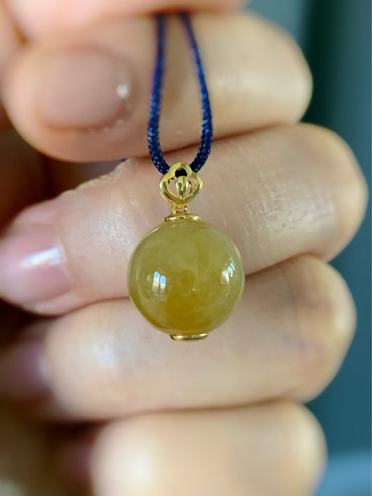 Certified Burmese Icy Vibrant Yellow Jadeite Sphere Single Bead Pendant 12.6mm 18K Yellow Gold Bail 天然缅甸翡翠浓黄翡大卡单珠镶嵌吊坠