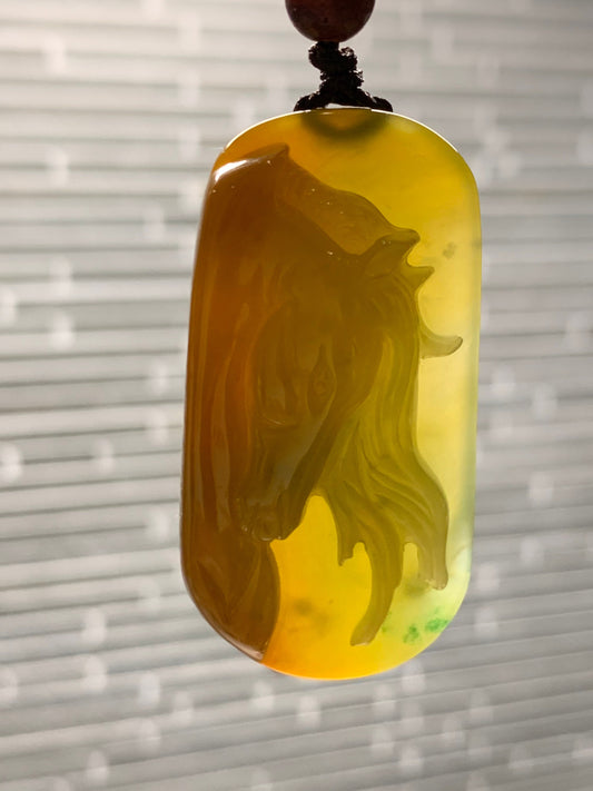 Stunning Rare Natural Guatemalan grade A Icy Gelatinous Intense Yellow Jadeite Pendant Carved w/ Horse on Rope Necklace 天然危地马拉浓黄翡起胶马牌挂件