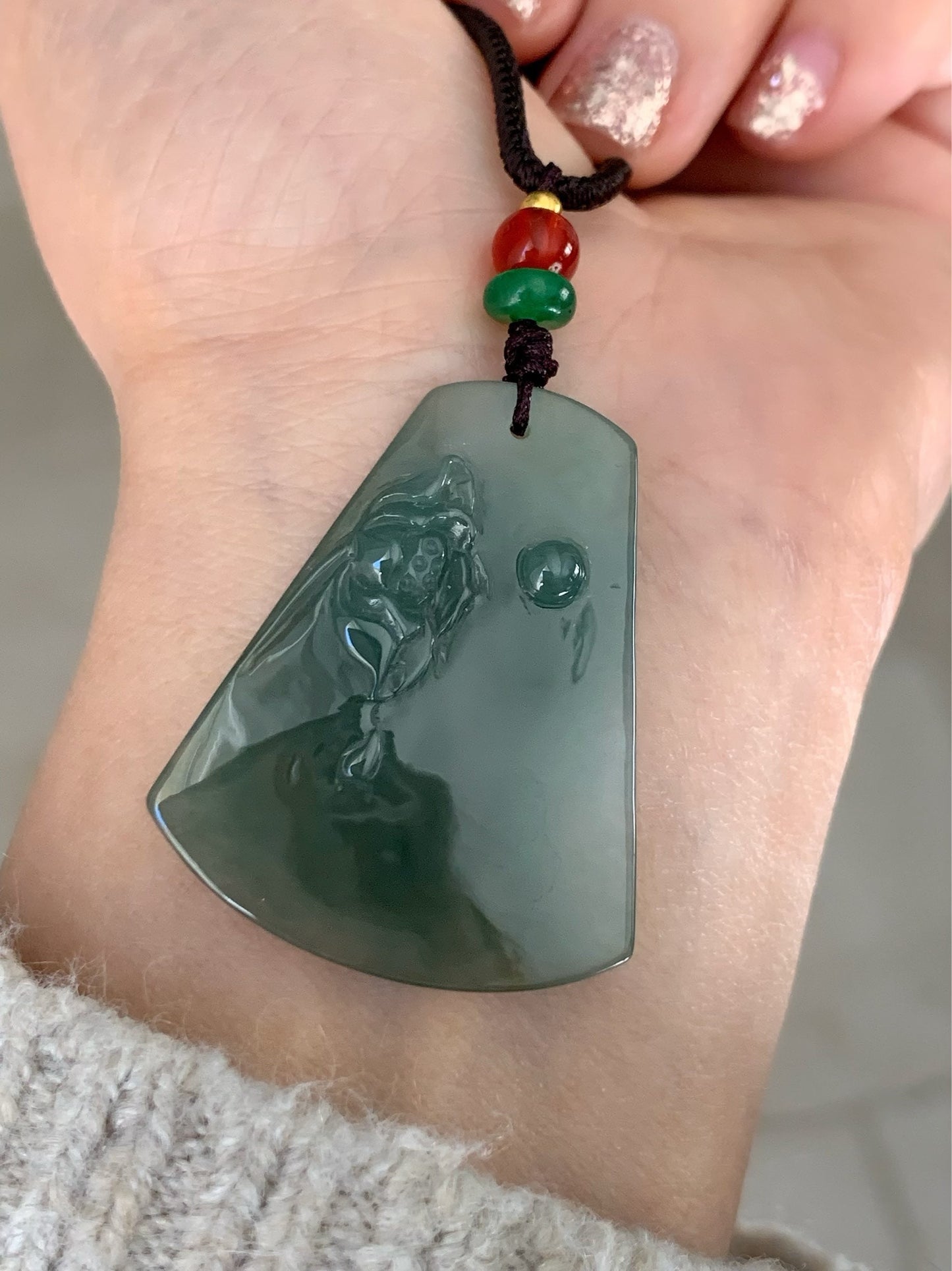 Beautiful Natural Burmese Icy Translucent Dark Green Jadeite Lotus Flower Pendant Rope Necklace 天然缅甸翡翠起冰老种深绿莲花吊坠