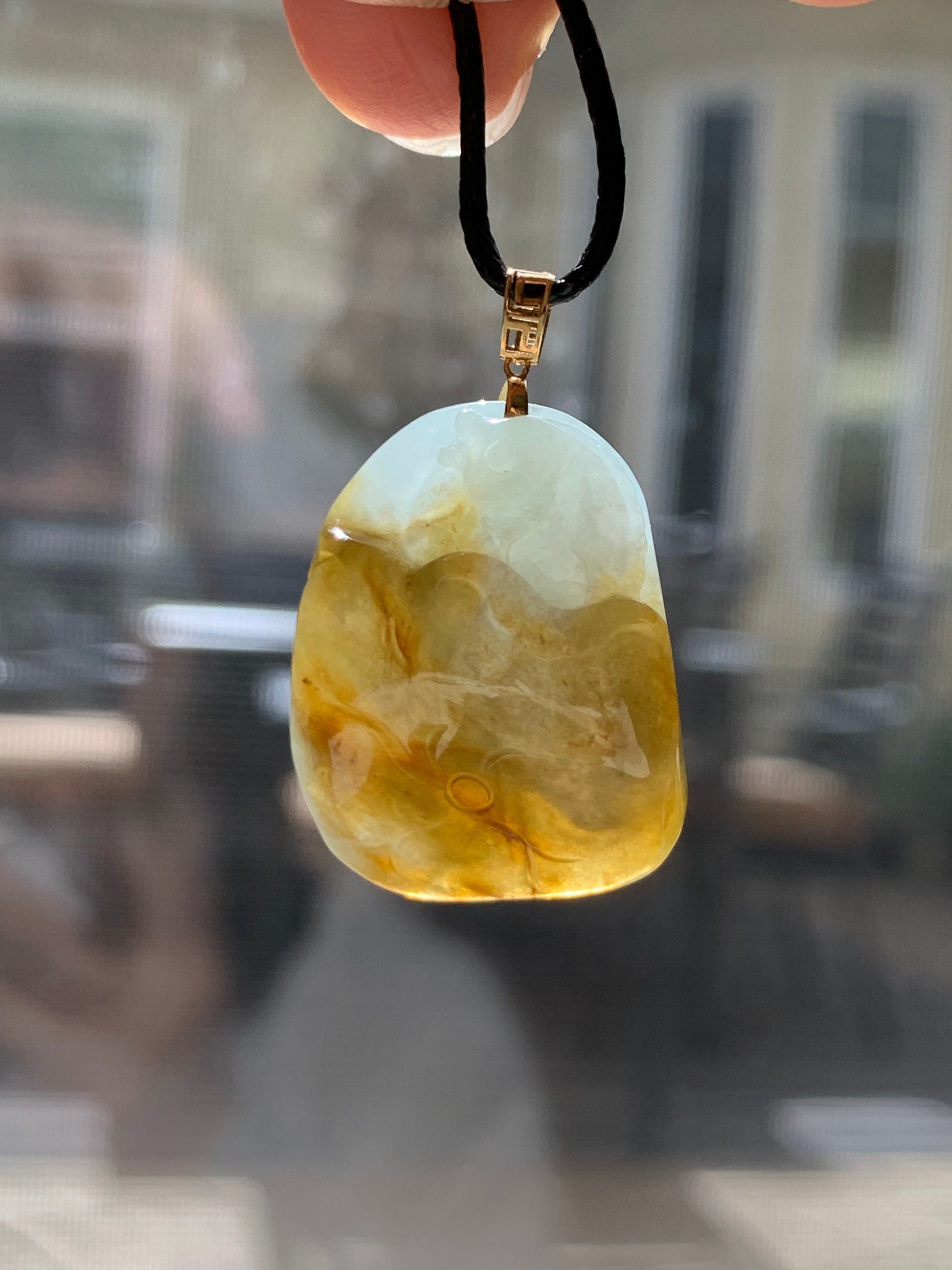 Burmese Icy Natural Dark Yellow & White Jadeite Fish and Lotus Flower Pendant 18K Yellow Gold Bail 天然缅甸黄加白翡翠荷叶鱼吊坠K金扣头