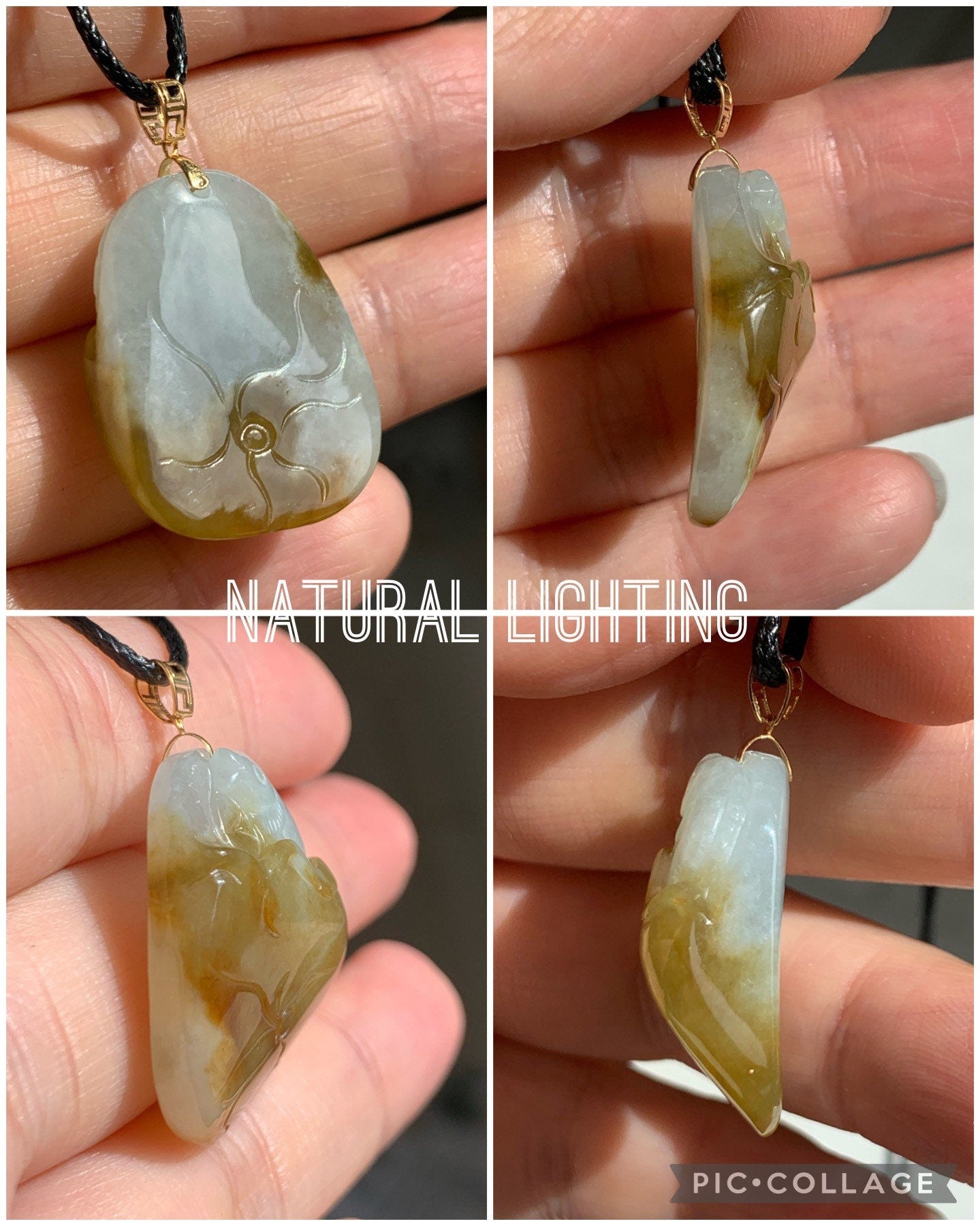 Burmese Icy Natural Dark Yellow & White Jadeite Fish and Lotus Flower Pendant 18K Yellow Gold Bail 天然缅甸黄加白翡翠荷叶鱼吊坠K金扣头