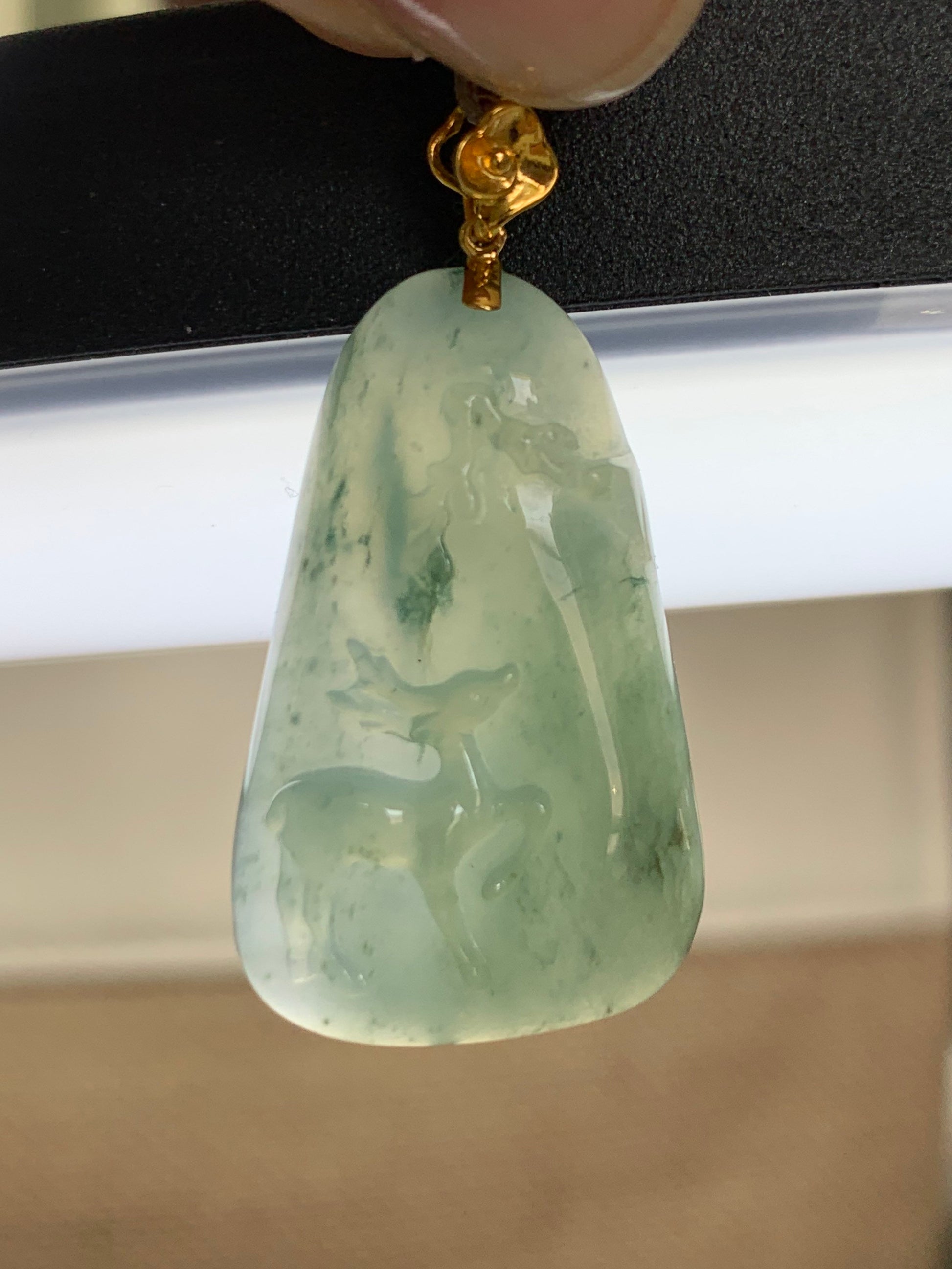 Certified Natural Burmese grade A Icy Translucent Green Jadeite Deer Engraved Pendant with 18K Yellow Gold Bail 天然缅甸翡翠正冰满绿飘花鹿牌镶嵌吊坠