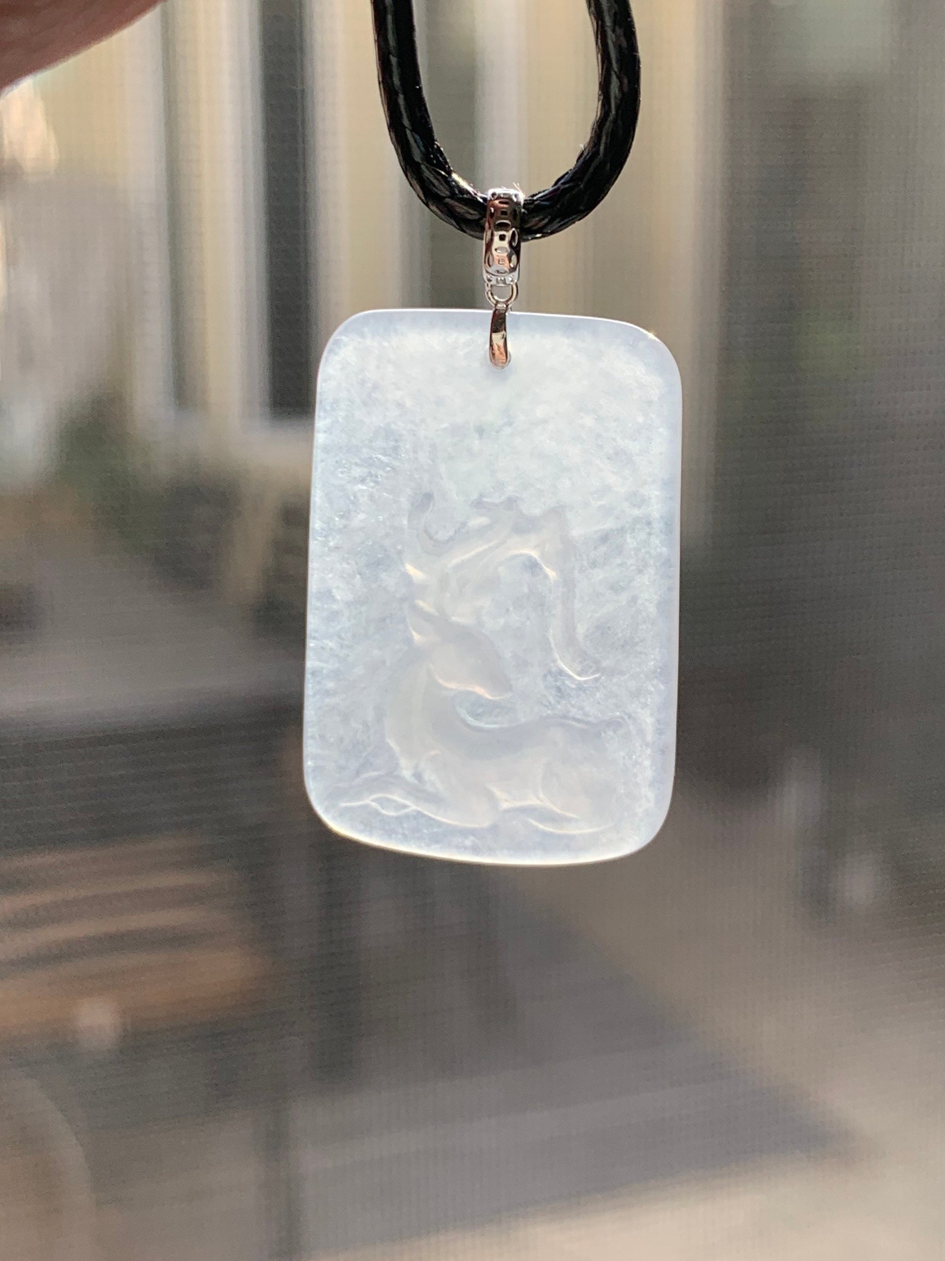 Natural Burmese Icy Highly Translucent White Jadeite Deer Tag Pendant 18K White Gold 天然缅甸正冰鹿牌镶嵌吊坠