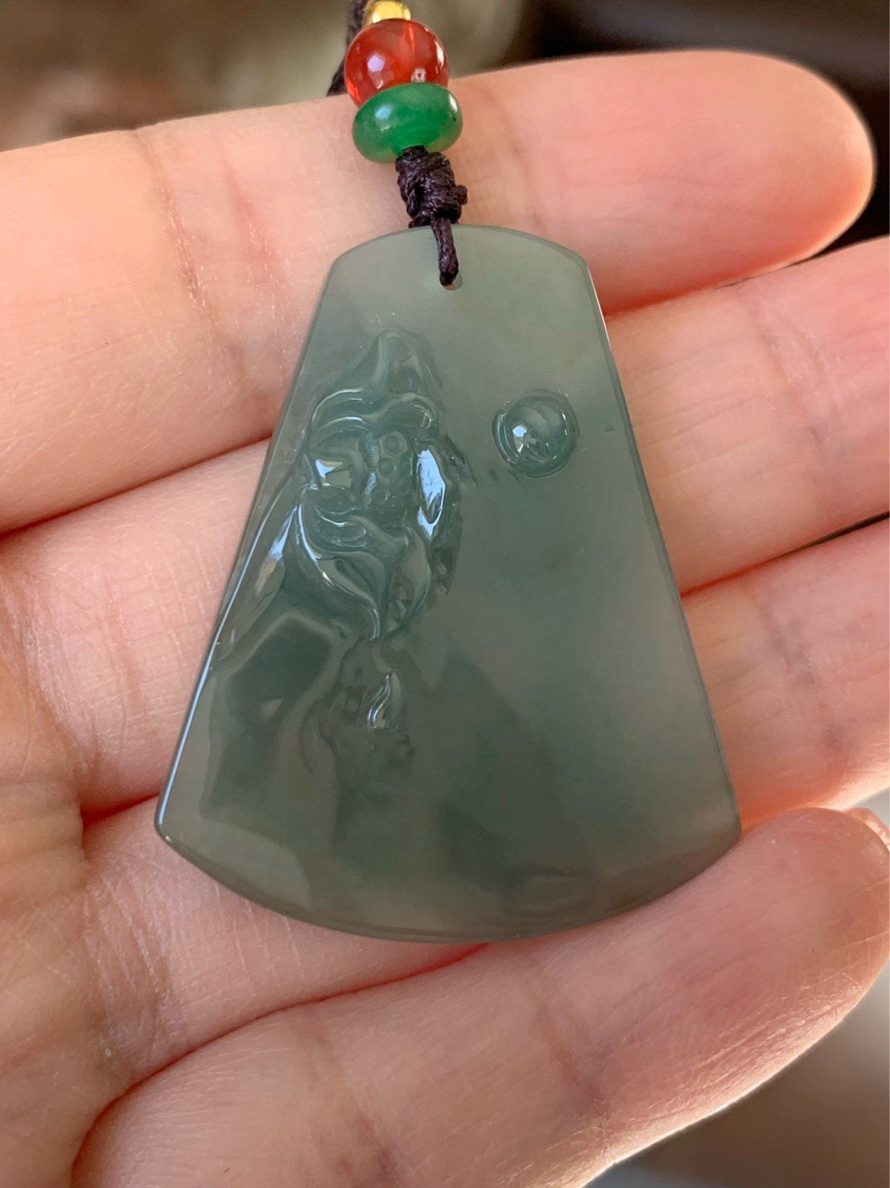 Beautiful Natural Burmese Icy Translucent Dark Green Jadeite Lotus Flower Pendant Rope Necklace 天然缅甸翡翠起冰老种深绿莲花吊坠