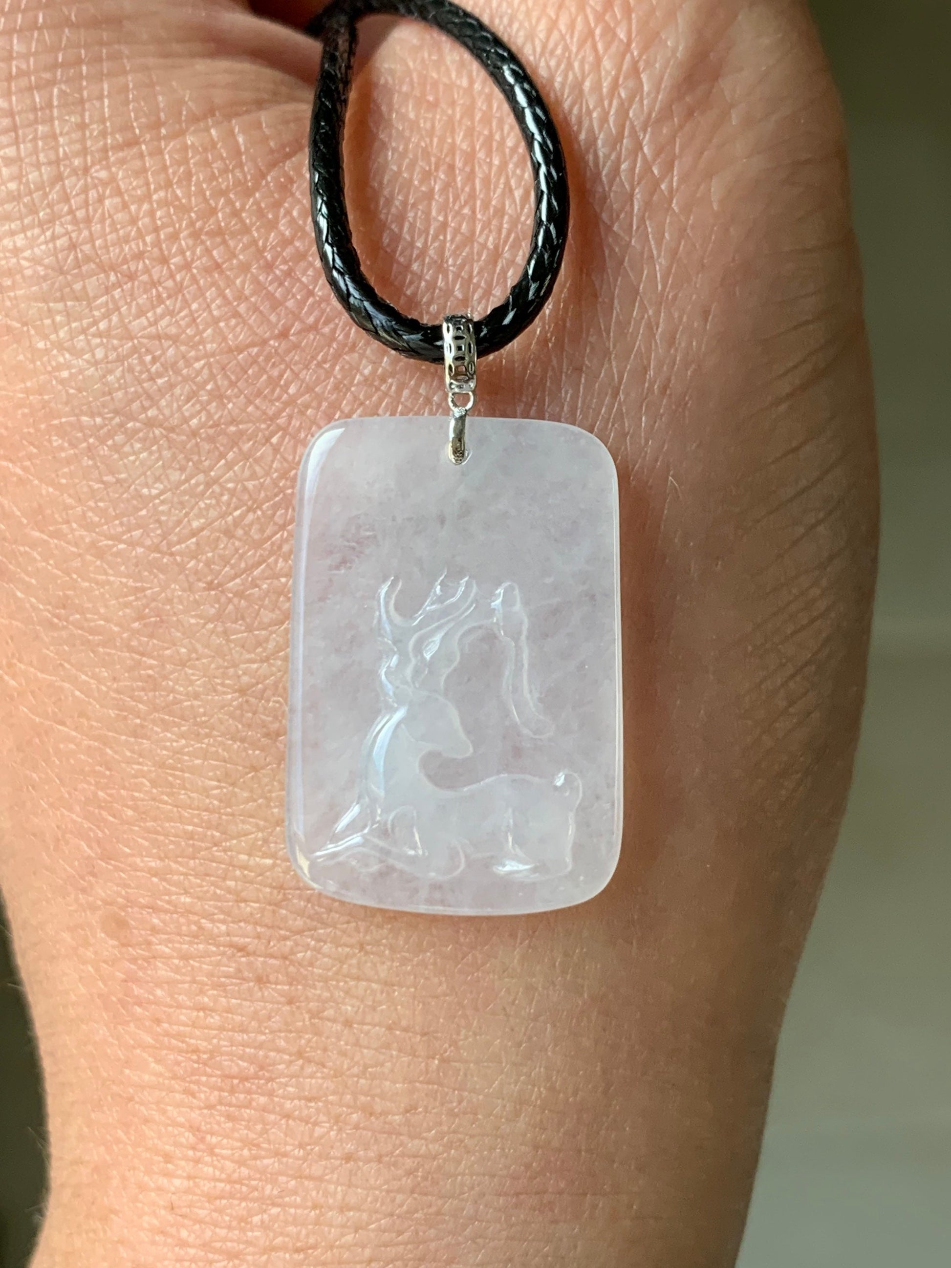 Natural Burmese Icy Highly Translucent White Jadeite Deer Tag Pendant 18K White Gold 天然缅甸正冰鹿牌镶嵌吊坠