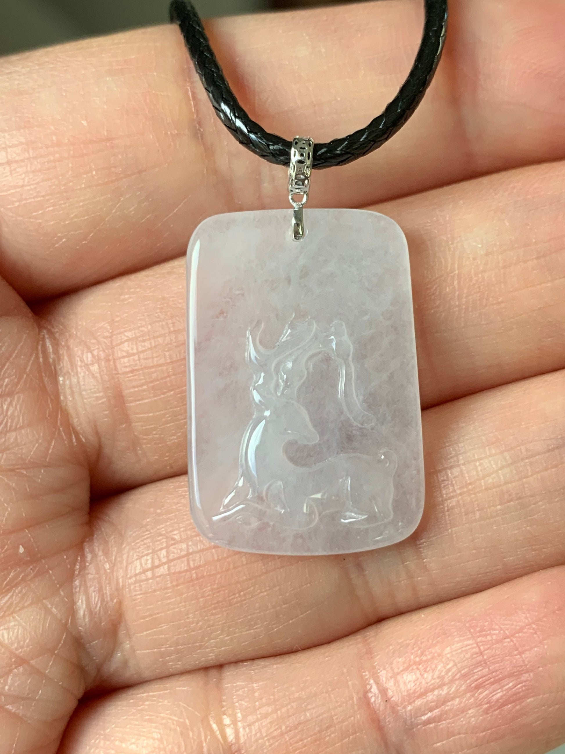 Natural Burmese Icy Highly Translucent White Jadeite Deer Tag Pendant 18K White Gold 天然缅甸正冰鹿牌镶嵌吊坠