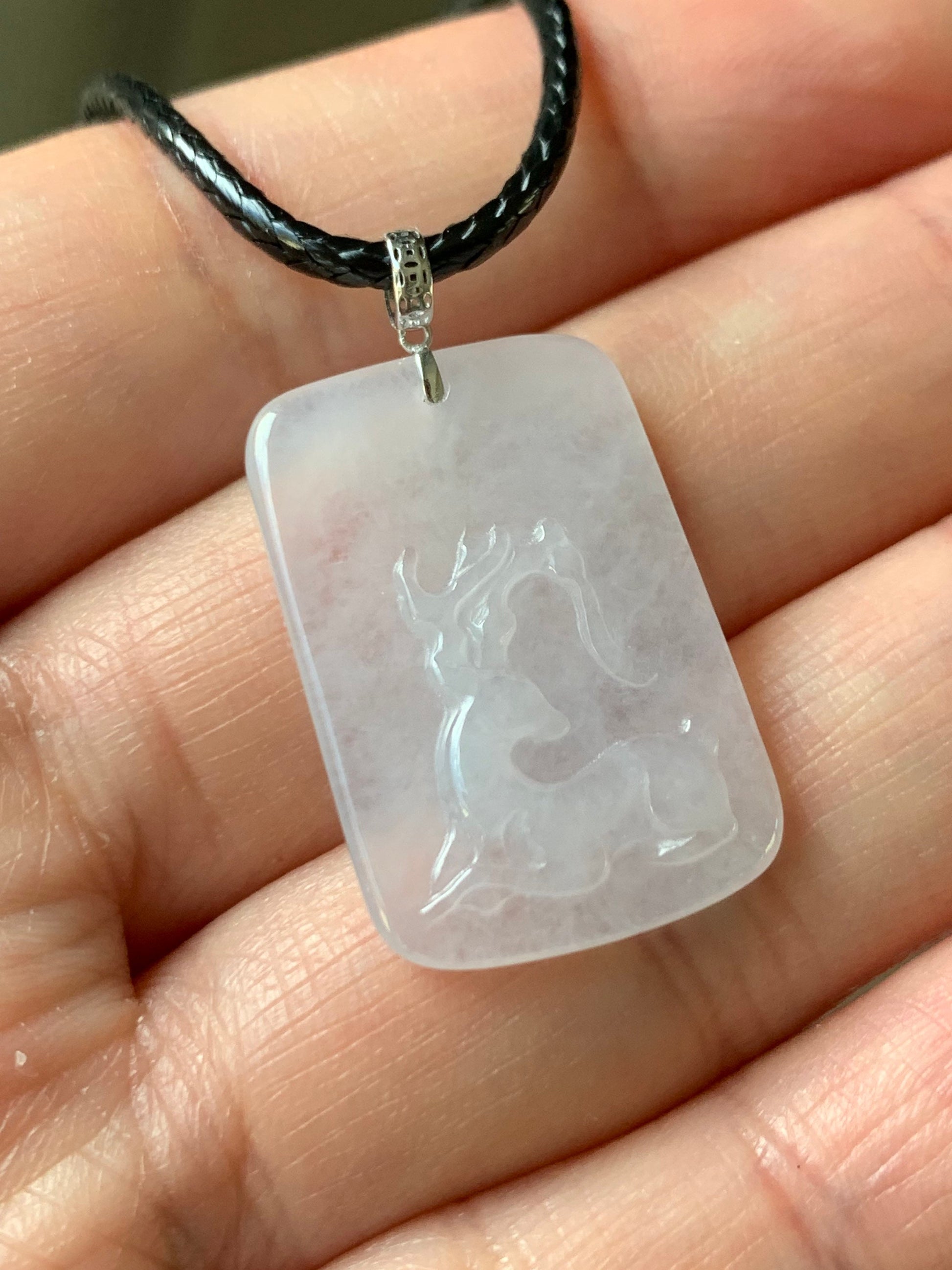 Natural Burmese Icy Highly Translucent White Jadeite Deer Tag Pendant 18K White Gold 天然缅甸正冰鹿牌镶嵌吊坠