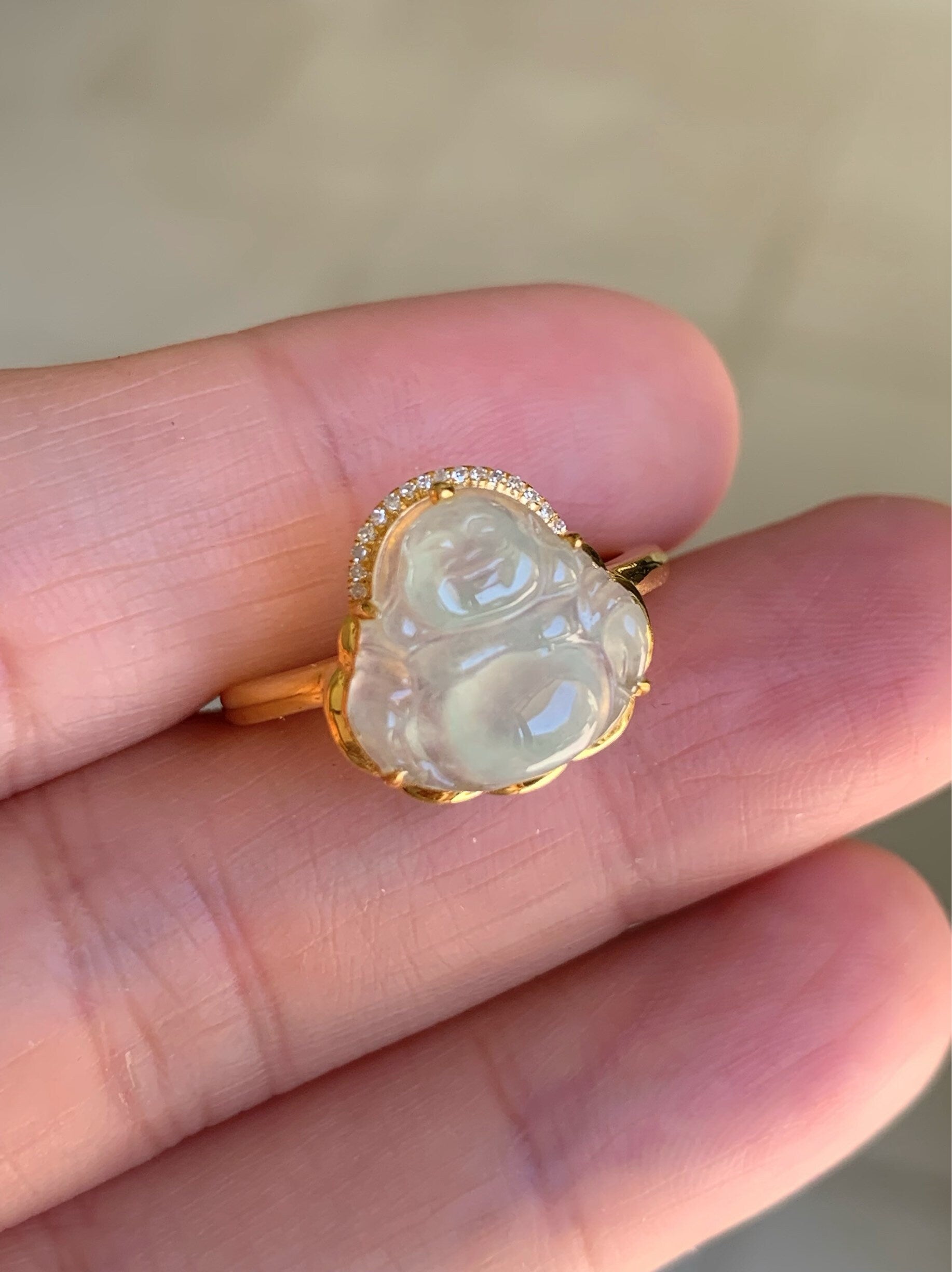 Certified Natural Burmese Premium Transparent Light Green Jadeite Buddha Ring 18K Yellow Gold & Diamonds Size 7 天然缅甸高冰起光晴底翡翠佛公18K钻石镶嵌戒指