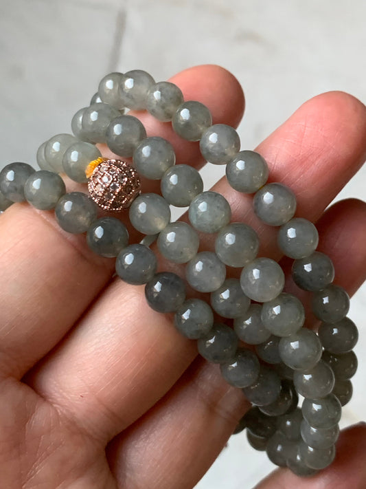 Burmese Natural Icy highly translucent and gelatinous light Wuji Jadeite Beaded Necklace 7mm 25.5” 天然缅甸起冰起胶浅乌鸡翡翠圆珠长串