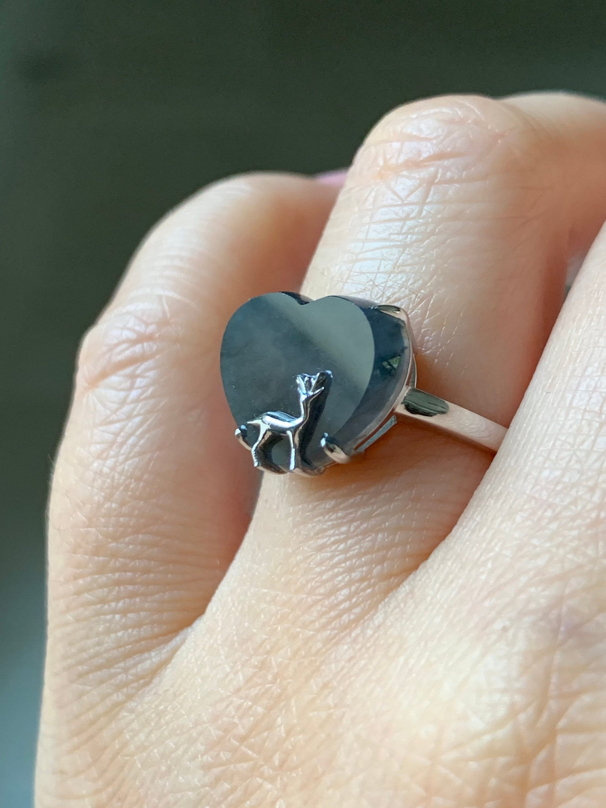 Certified Natural Burmese Premium Translucent Icy Wuji Jadeite Heart Ring w/ Deer Deisgn 18K White Gold Sz 7 天然缅甸冰乌鸡翡翠爱心小鹿镶嵌戒指