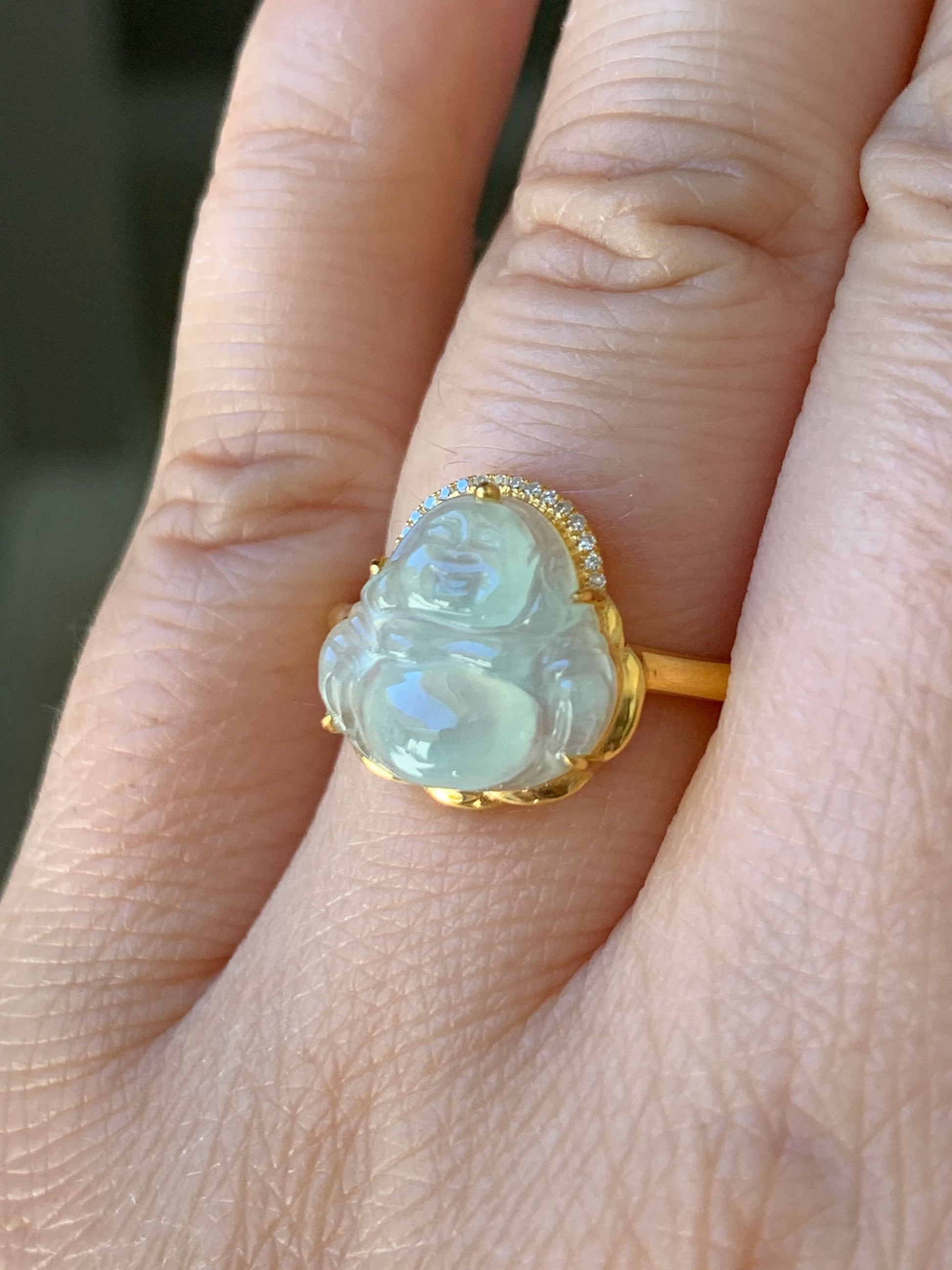 Certified Natural Burmese Premium Transparent Light Green Jadeite Buddha Ring 18K Yellow Gold & Diamonds Size 7 天然缅甸高冰起光晴底翡翠佛公18K钻石镶嵌戒指