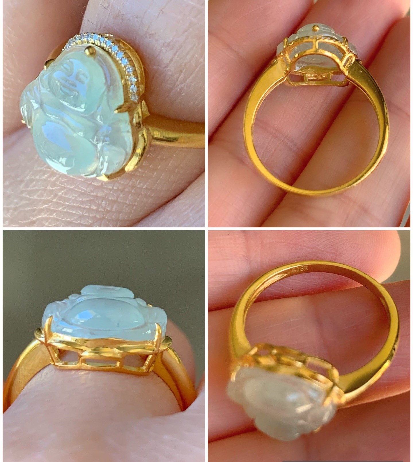 Certified Natural Burmese Premium Transparent Light Green Jadeite Buddha Ring 18K Yellow Gold & Diamonds Size 7 天然缅甸高冰起光晴底翡翠佛公18K钻石镶嵌戒指