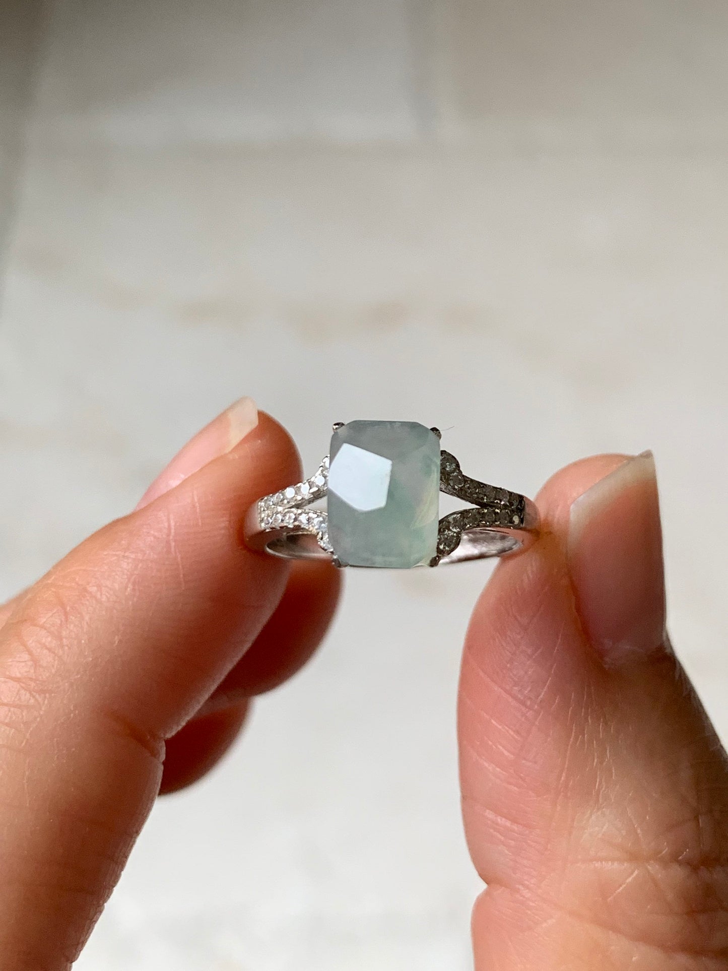 Large Natural Burmese Icy Translucent Gelatinous Faceted Light Green Jadeite Ring S925 Silver Size Adjustable 6-8 天然老种缅甸白冰翡翠马鞍银镶戒指 MQG80B