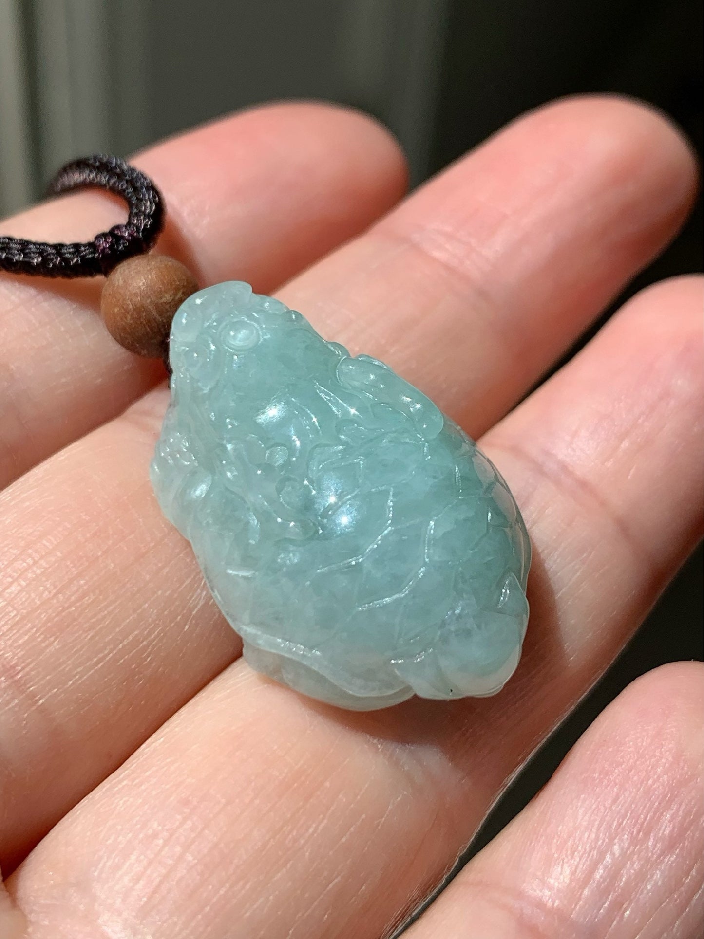 Natural Burmese Icy Translucent Light Green Jadeite Male Dragon Turtle Pendant Rope Necklace Adjustable 25” 9 Grams DT01 天然缅甸糯冰晴底翡翠带吧龙龟吊坠