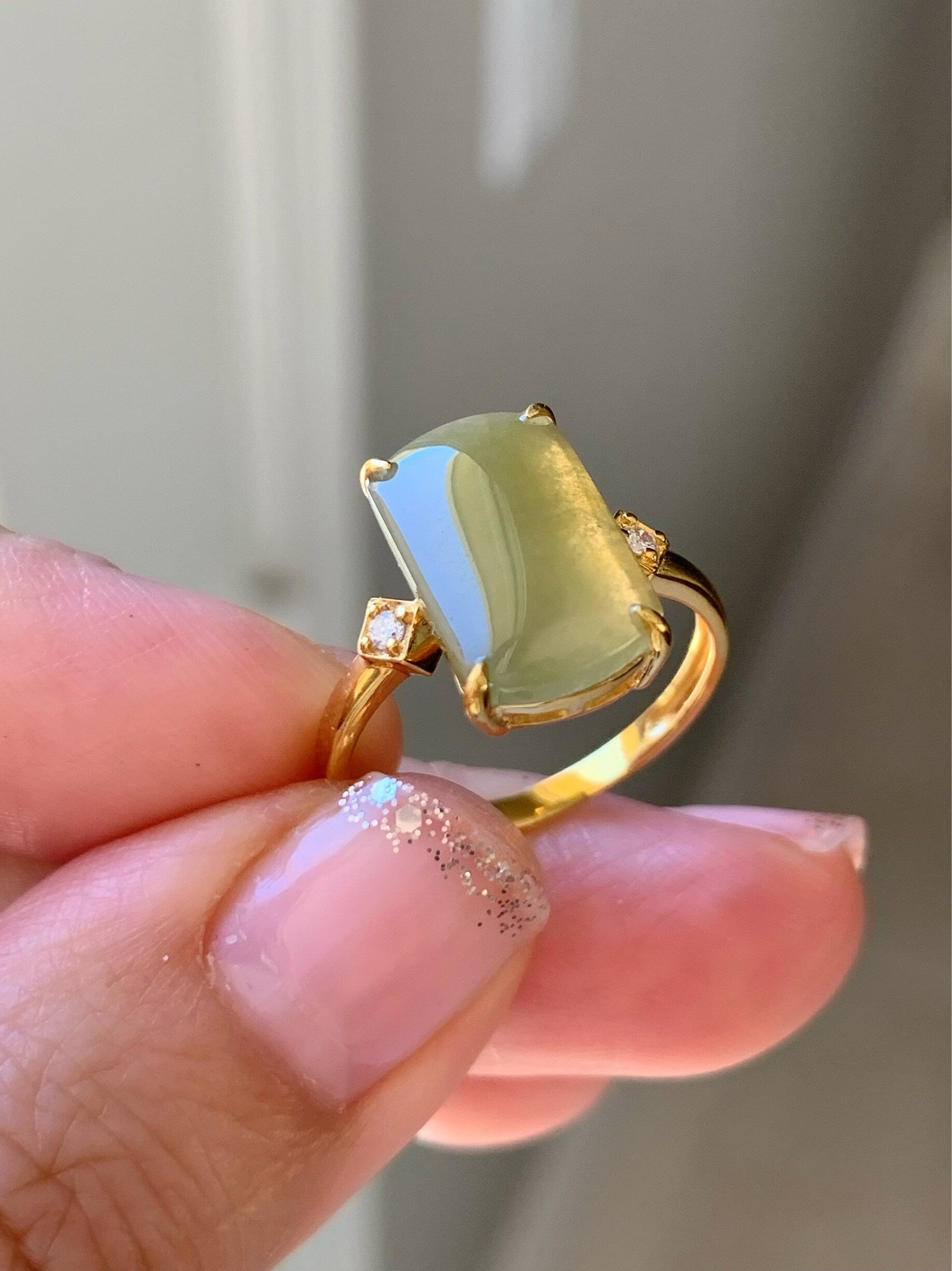 Certified Natural Burmese Icy Translucent Yellow Jadeite Saddle Ring Size 7 18K Yellow Gold & Diamonds 天然老种缅甸冰寿黄翡翠马鞍钻石镶嵌戒指