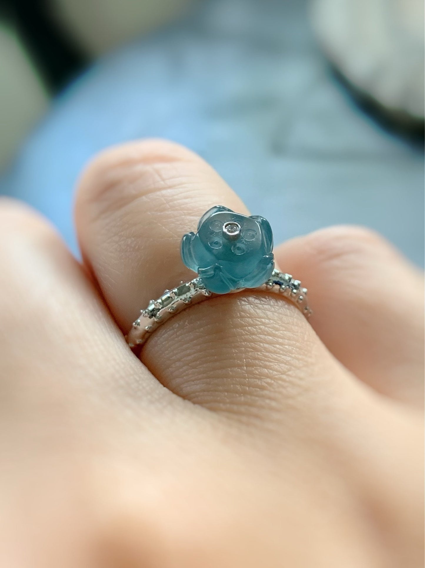 Certified Natural Guatemalan Premium Highly Translucent Teal Blue Jadeite 3D Carved Lotus Flower Ring 18K White Gold Size 7 天然高冰危蓝翡翠莲花钻石镶嵌戒指