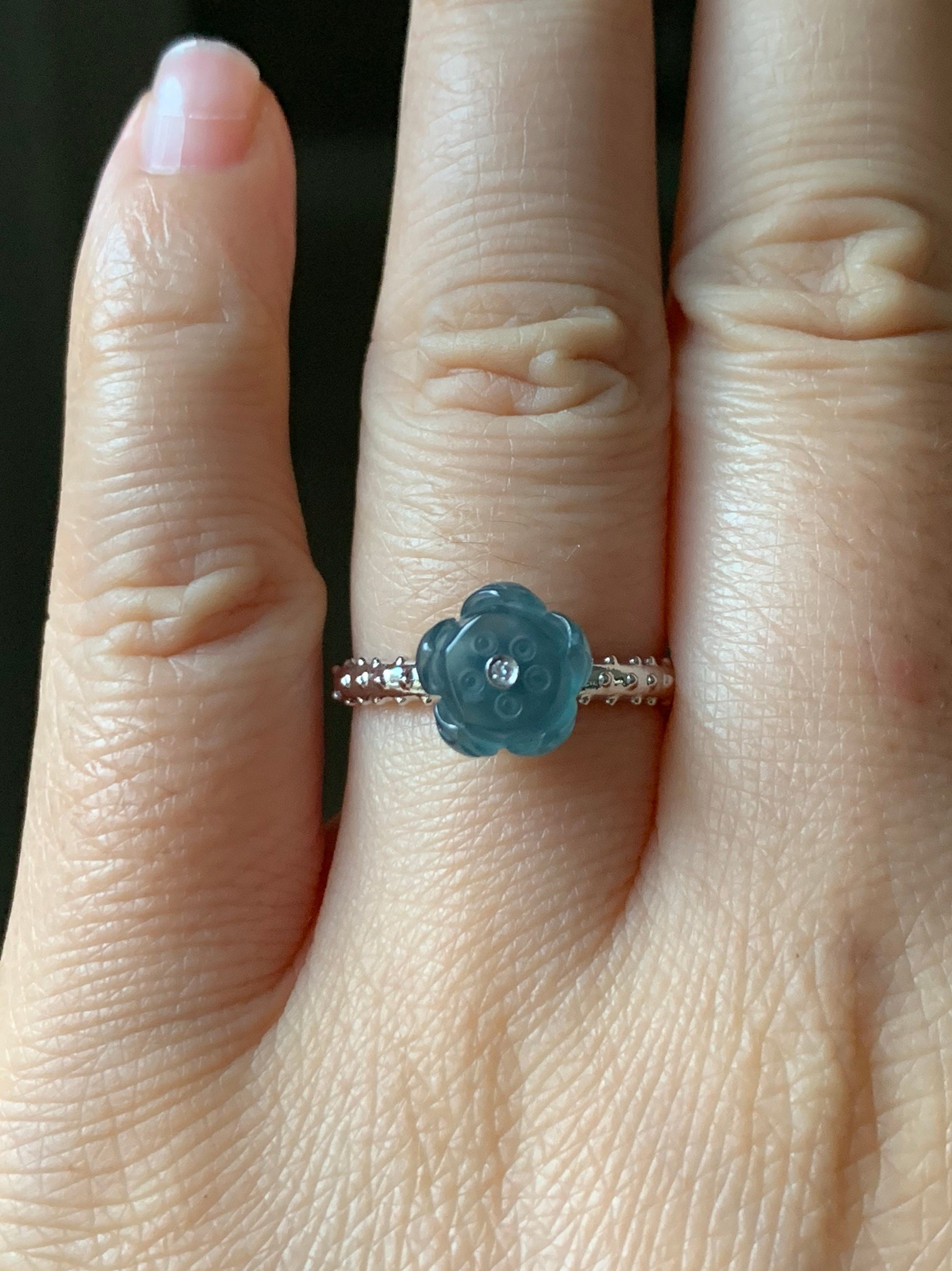 Certified Natural Guatemalan Premium Highly Translucent Teal Blue Jadeite 3D Carved Lotus Flower Ring 18K White Gold Size 7 天然高冰危蓝翡翠莲花钻石镶嵌戒指