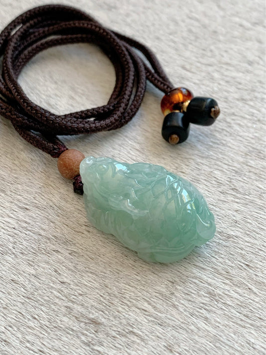 Natural Burmese Icy Translucent Light Green Jadeite Male Dragon Turtle Pendant Rope Necklace Adjustable 25” 10 Grams DT02 天然缅甸糯冰晴底翡翠带吧龙龟吊坠