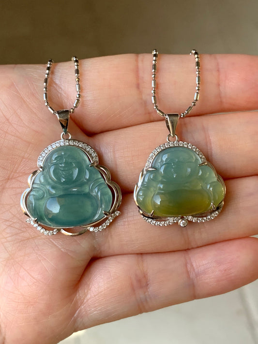 Natural Guatemalan Premium Highly Translucent Icy Blue Or Bi-Colored Jadeite Buddha Pendant S925 Silver 天然冰危正冰翡翠佛公镶嵌吊坠